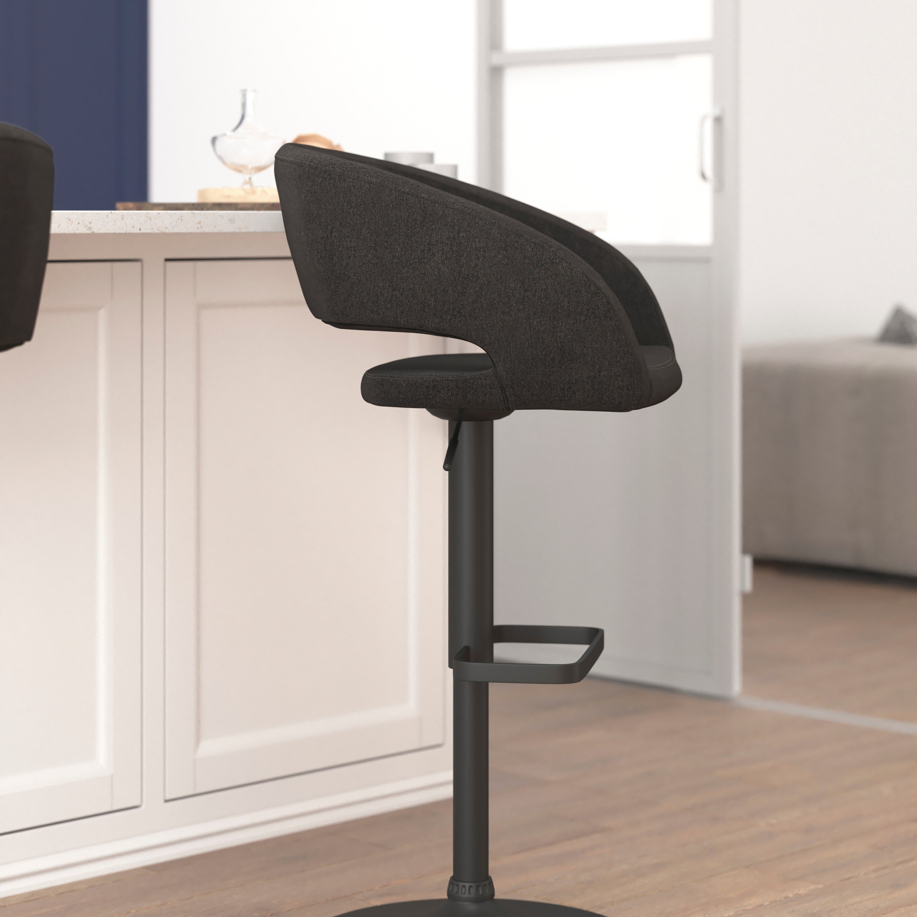 Erik Contemporary Charcoal Fabric Adjustable Height Barstool with Rounded Mid-Back and Black Base