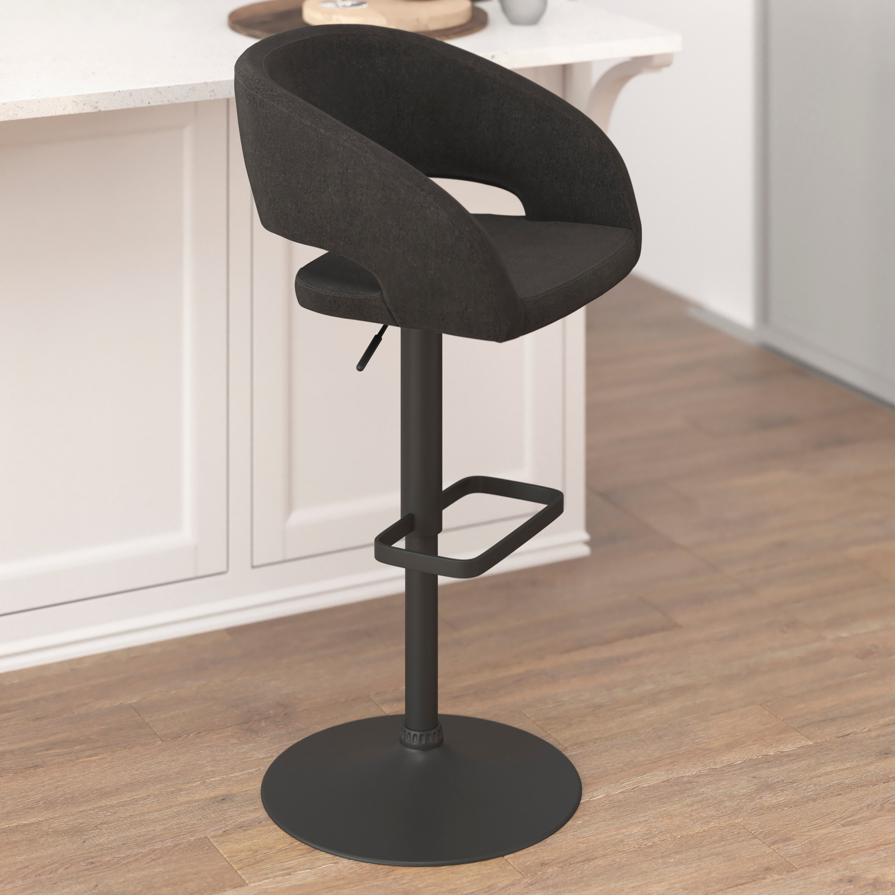Erik Contemporary Charcoal Fabric Adjustable Height Barstool with Rounded Mid-Back and Black Base