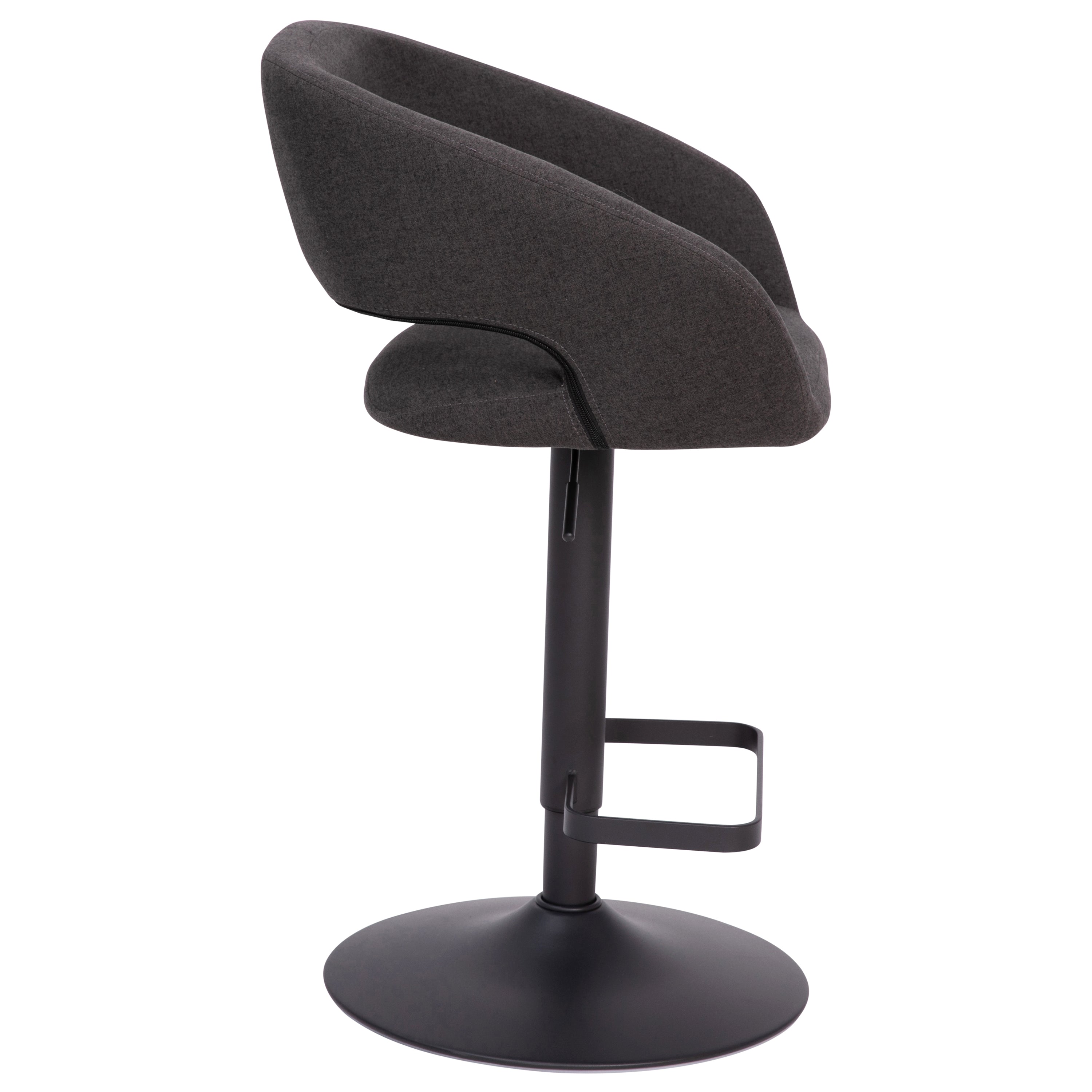 Erik Contemporary Charcoal Fabric Adjustable Height Barstool with Rounded Mid-Back and Black Base
