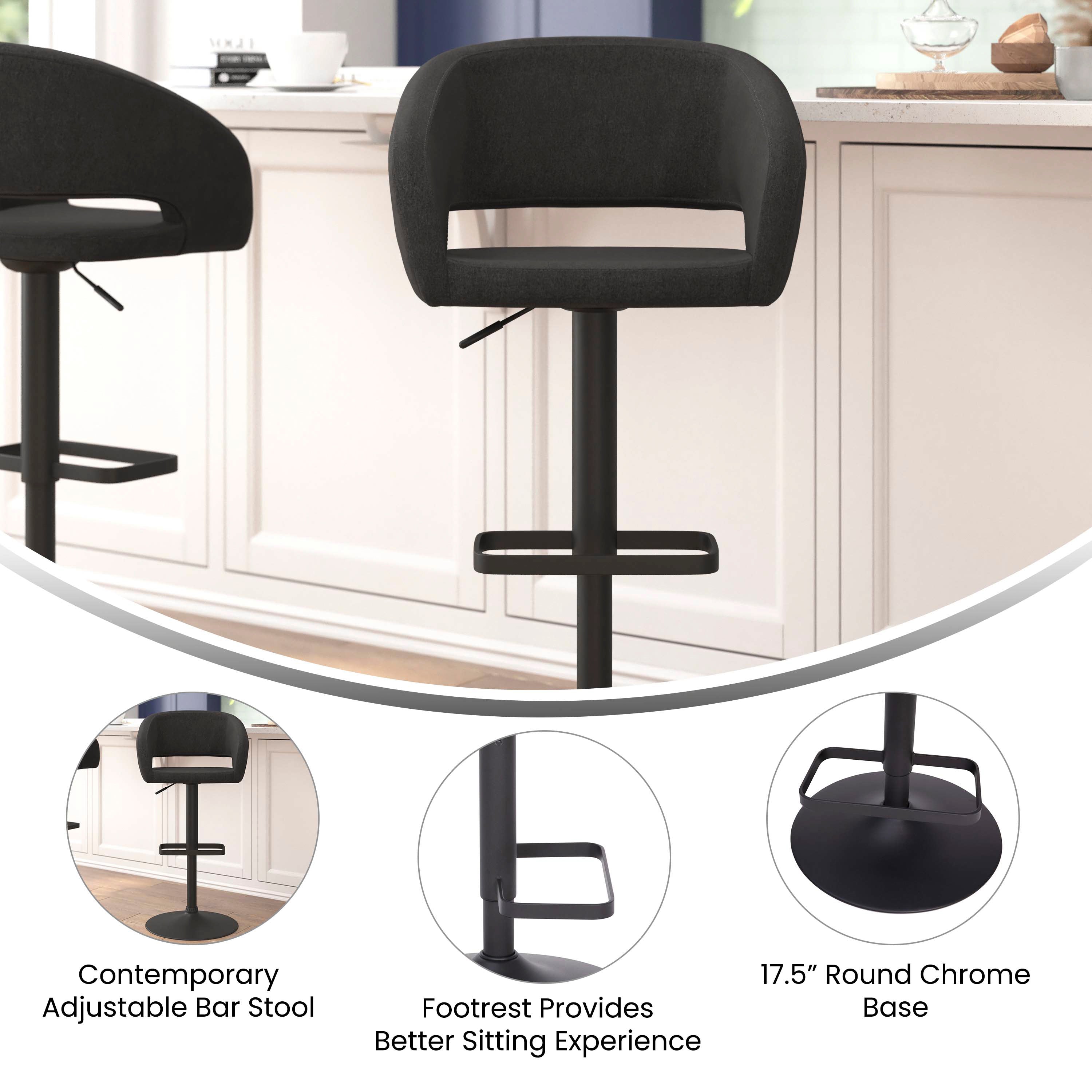 Erik Contemporary Charcoal Fabric Adjustable Height Barstool with Rounded Mid-Back and Black Base