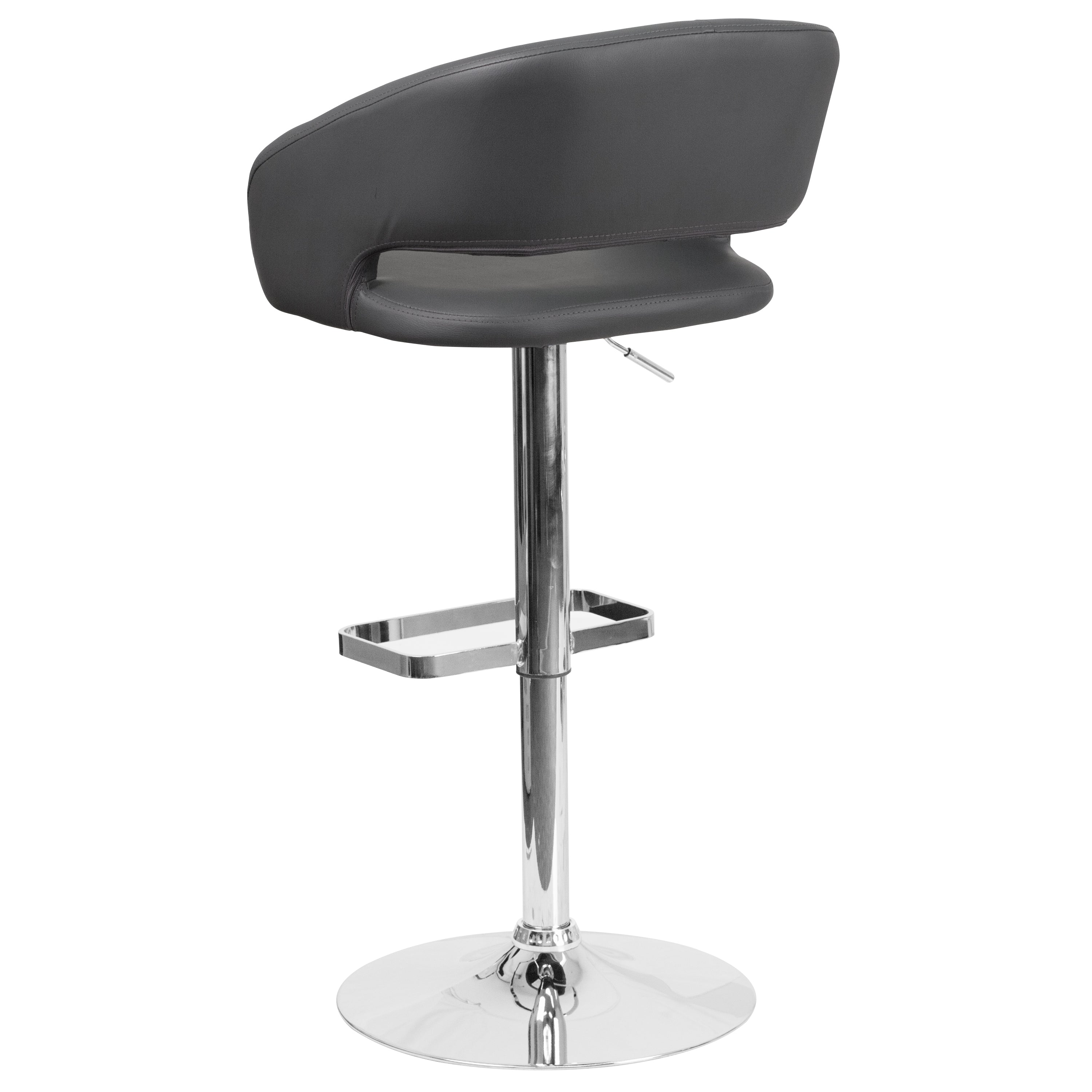 Erik Contemporary Gray Vinyl Adjustable Height Barstool with Rounded Mid-Back and Chrome Base