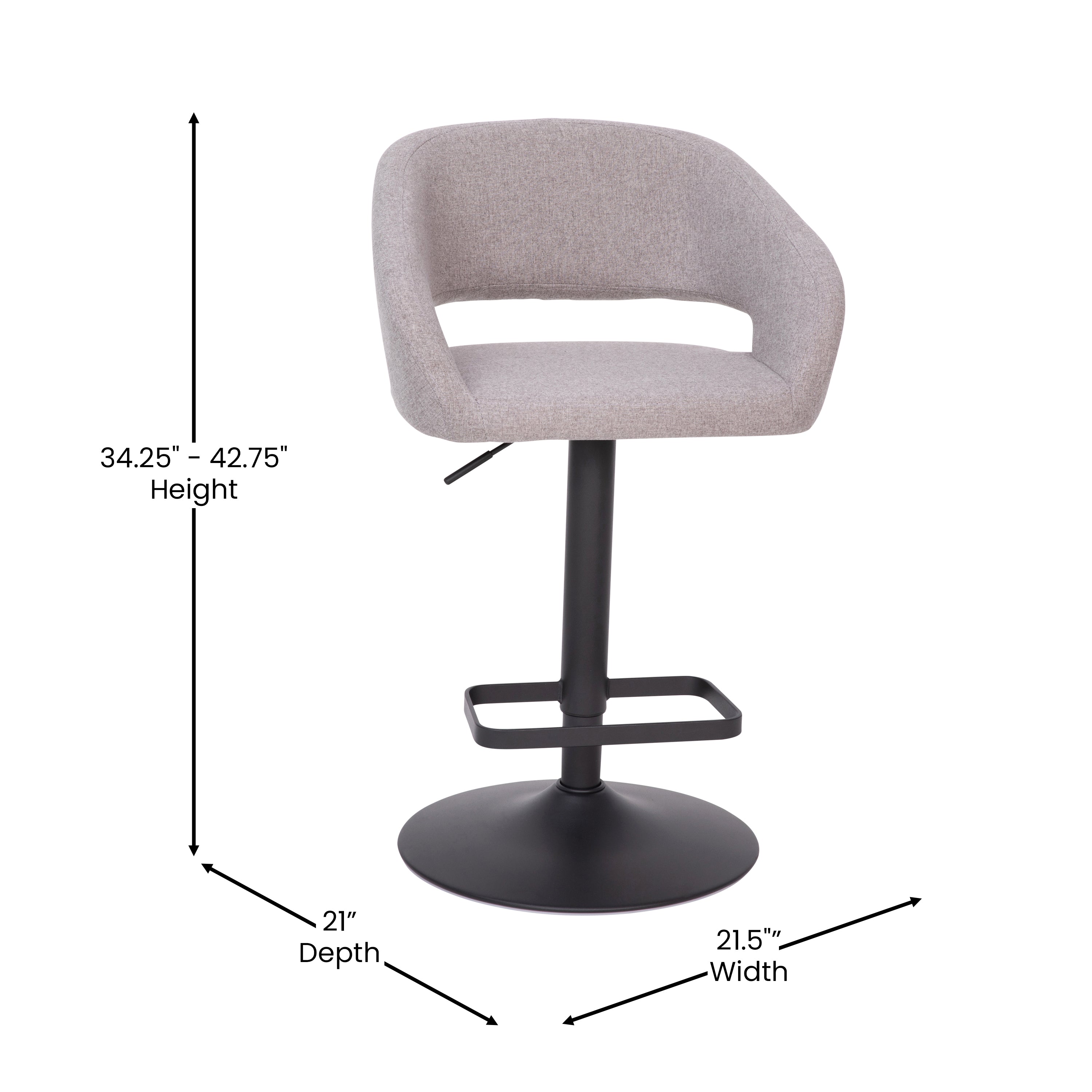 Erik Contemporary Gray Vinyl Adjustable Height Barstool with Rounded Mid-Back and Black Base