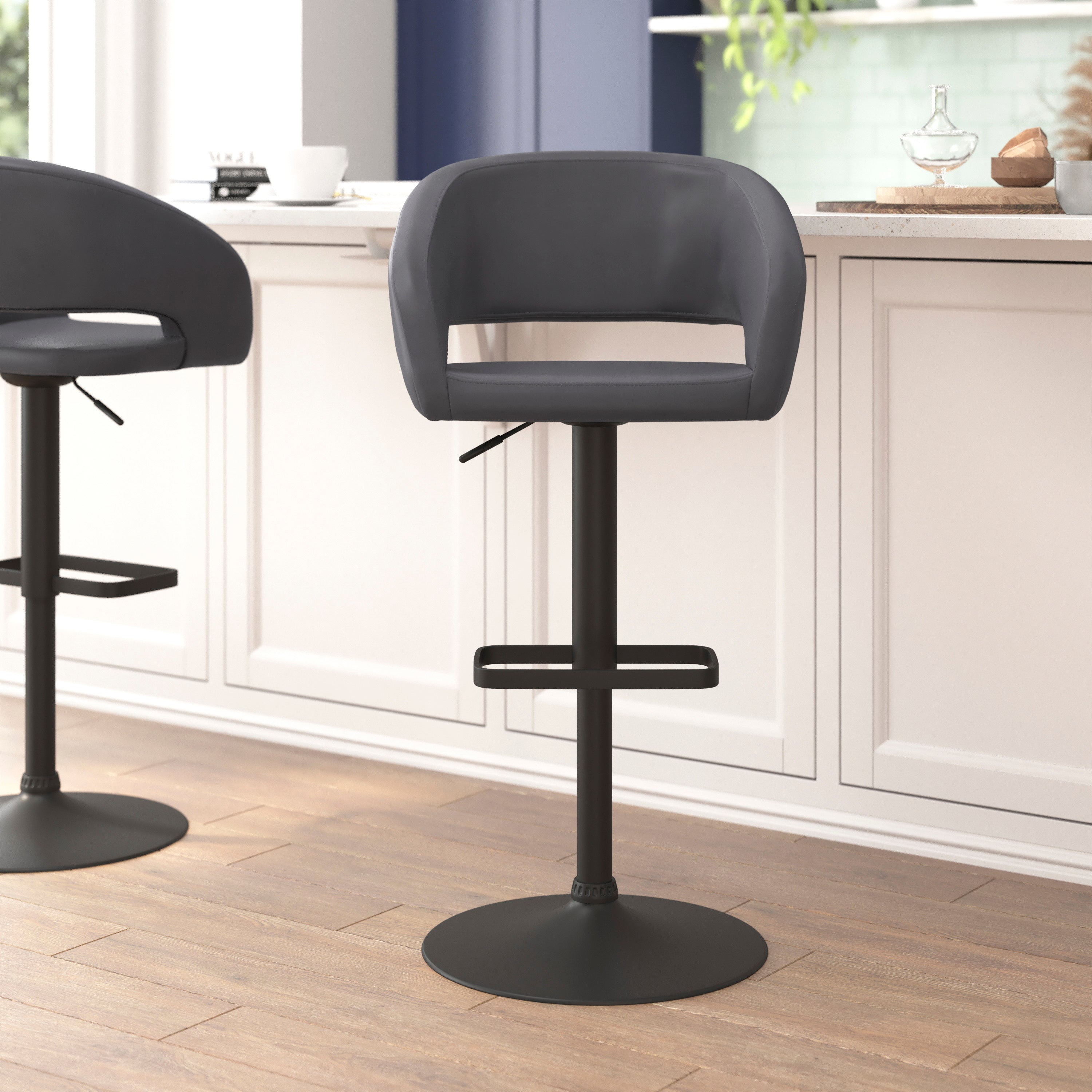 Erik Contemporary Gray Vinyl Adjustable Height Barstool with Rounded Mid-Back and Black Base
