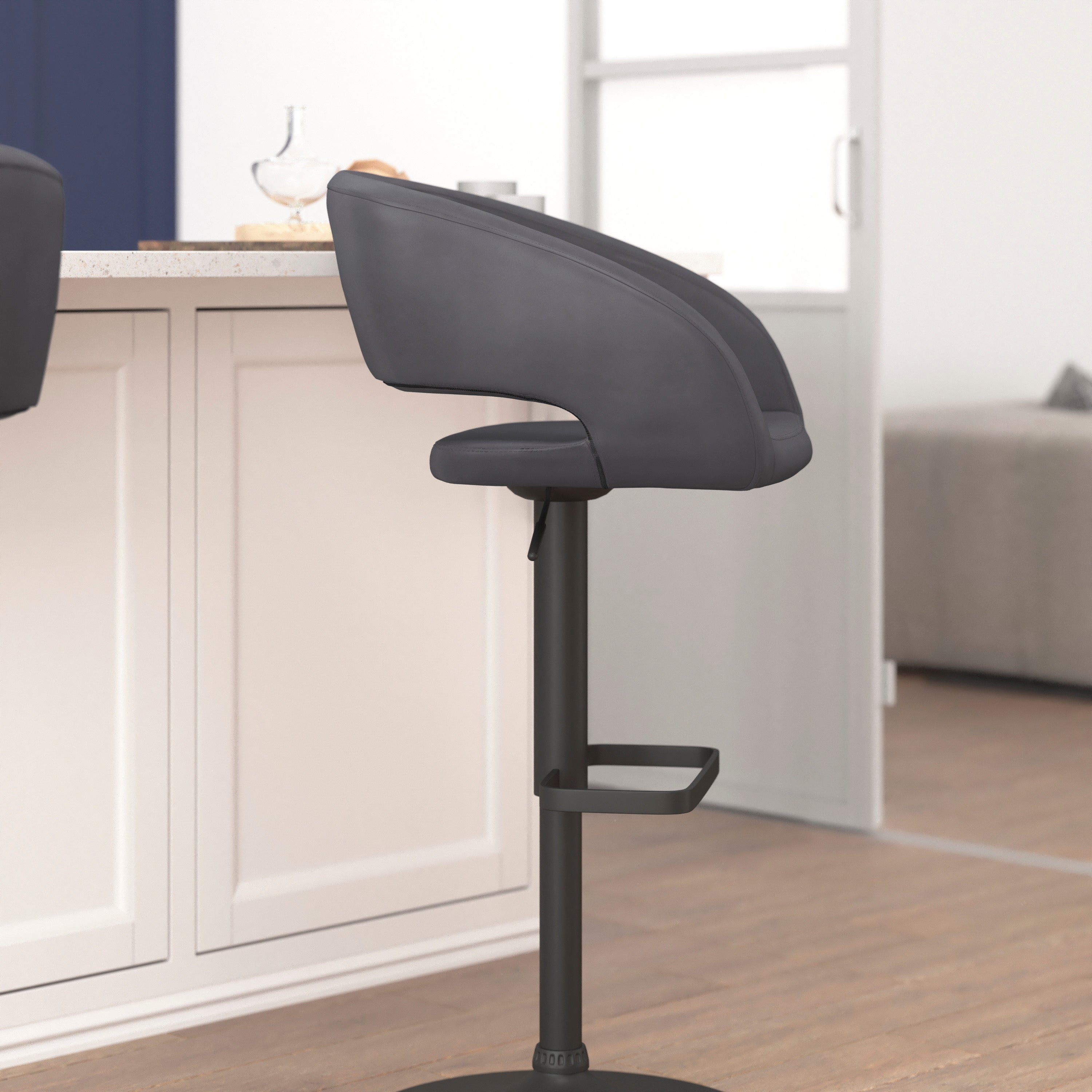 Erik Contemporary Gray Vinyl Adjustable Height Barstool with Rounded Mid-Back and Black Base