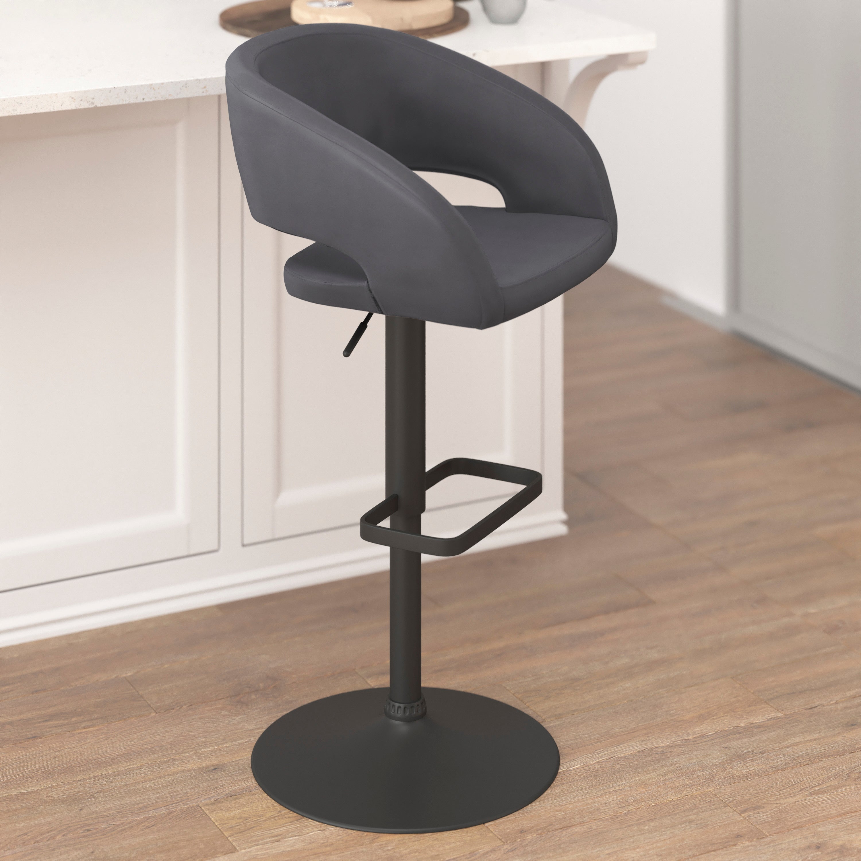 Erik Contemporary Gray Vinyl Adjustable Height Barstool with Rounded Mid-Back and Black Base