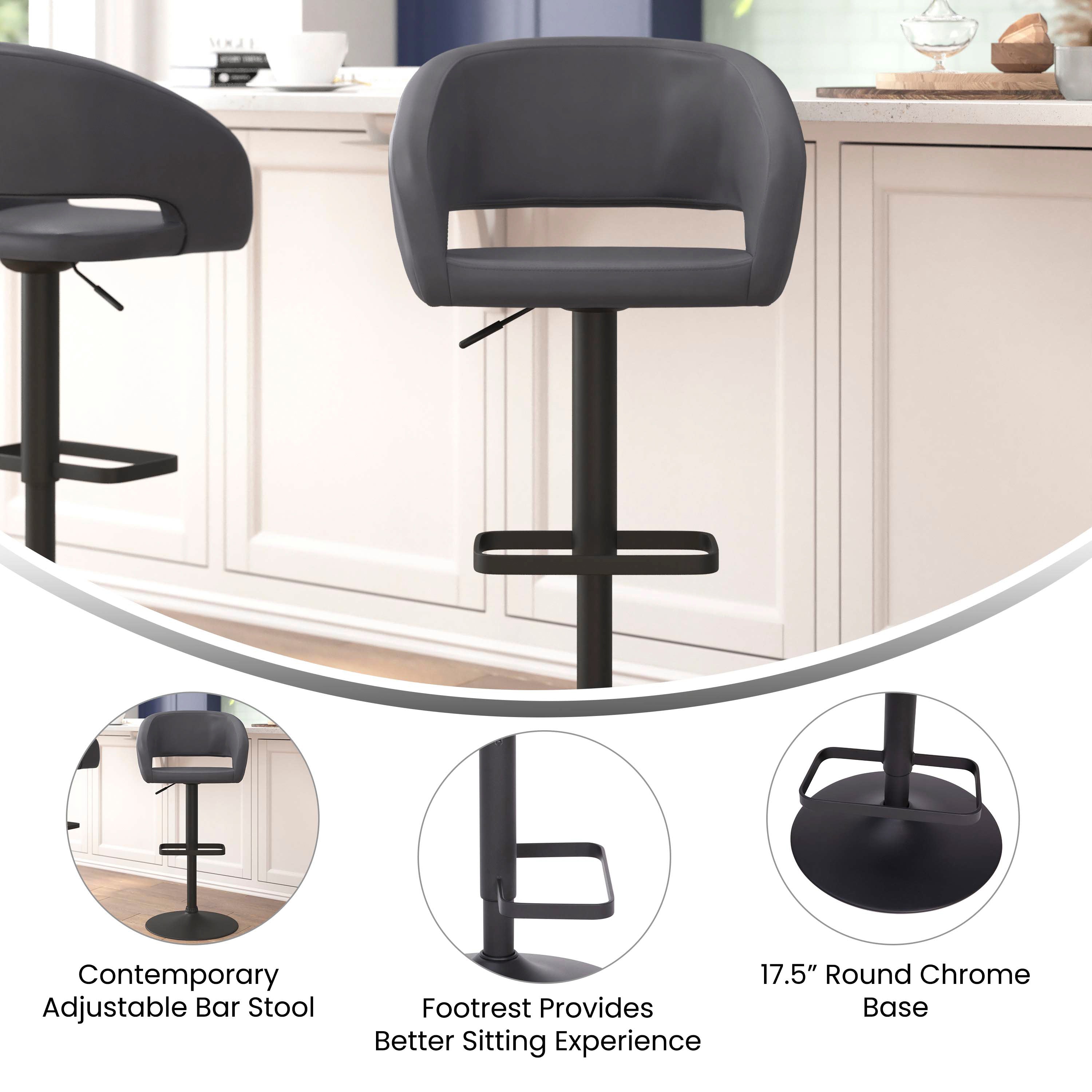 Erik Contemporary Gray Vinyl Adjustable Height Barstool with Rounded Mid-Back and Black Base