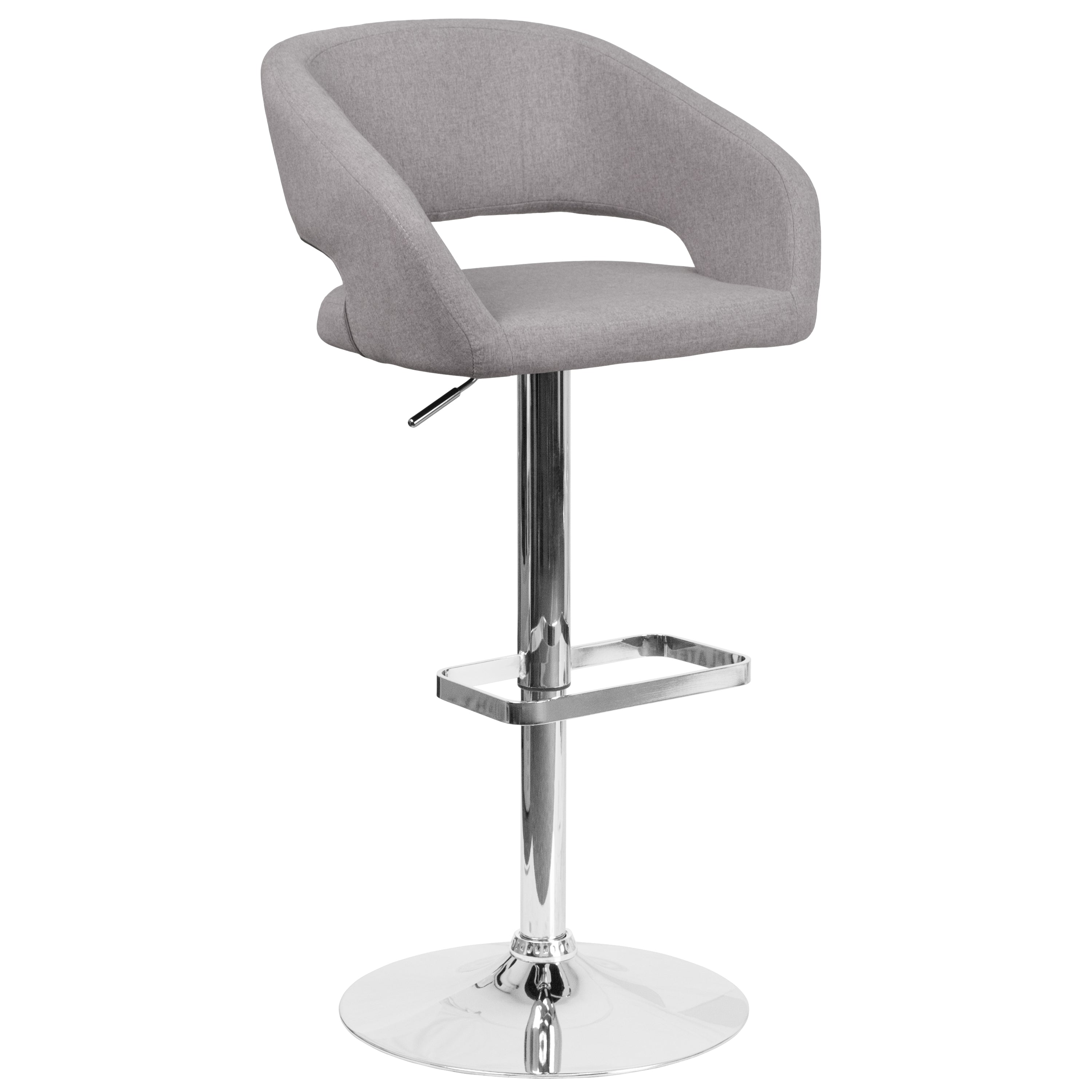 Erik Contemporary Gray Fabric Adjustable Height Barstool with Rounded Mid-Back and Chrome Base
