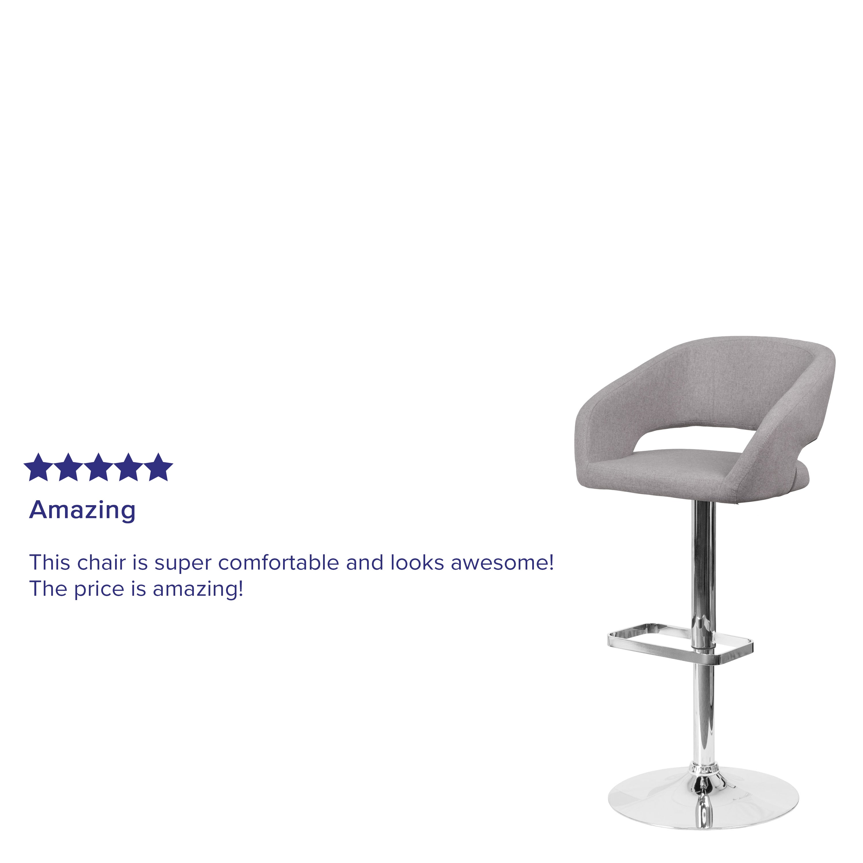 Erik Contemporary Gray Fabric Adjustable Height Barstool with Rounded Mid-Back and Chrome Base