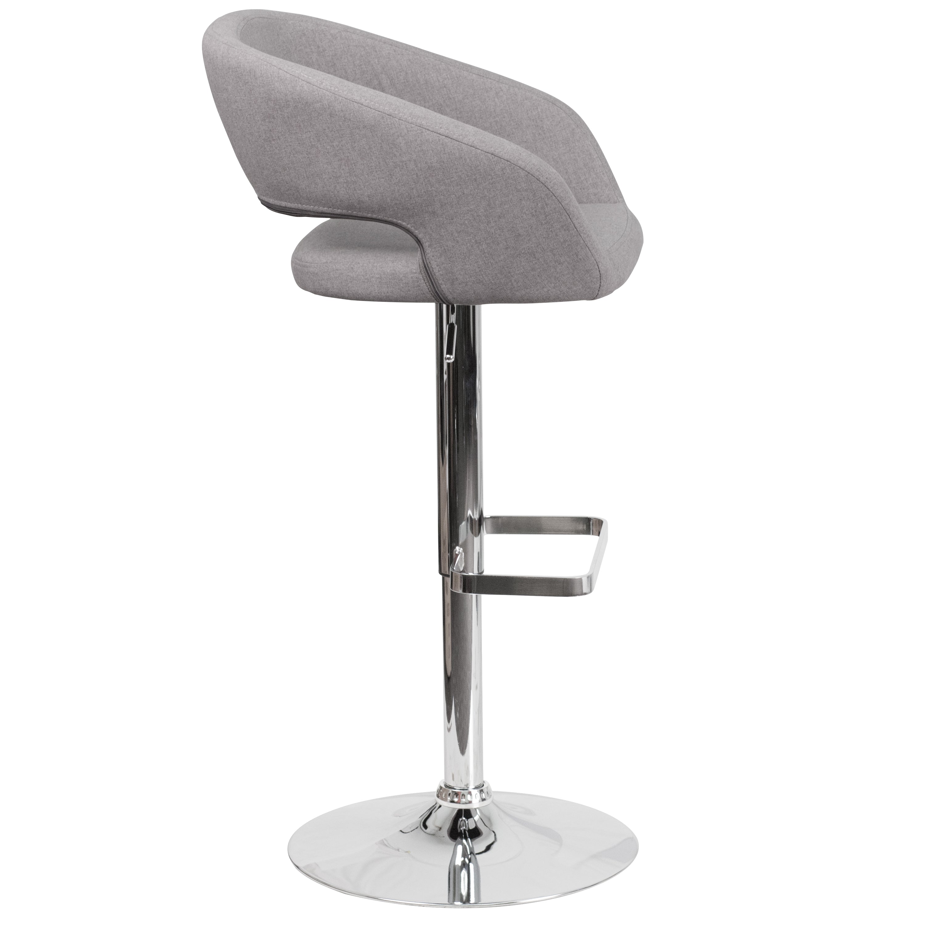 Erik Contemporary Gray Fabric Adjustable Height Barstool with Rounded Mid-Back and Chrome Base