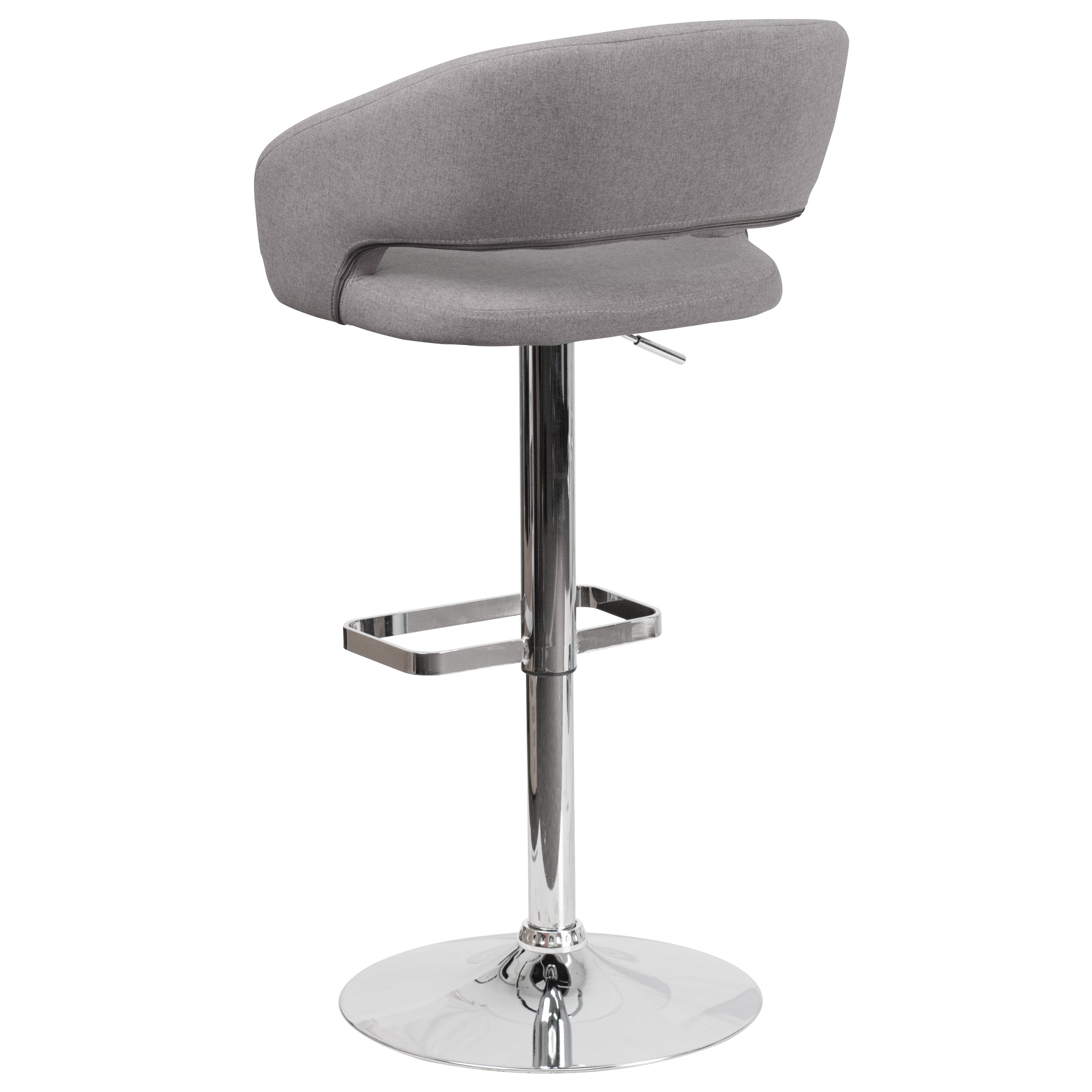Erik Contemporary Gray Fabric Adjustable Height Barstool with Rounded Mid-Back and Chrome Base