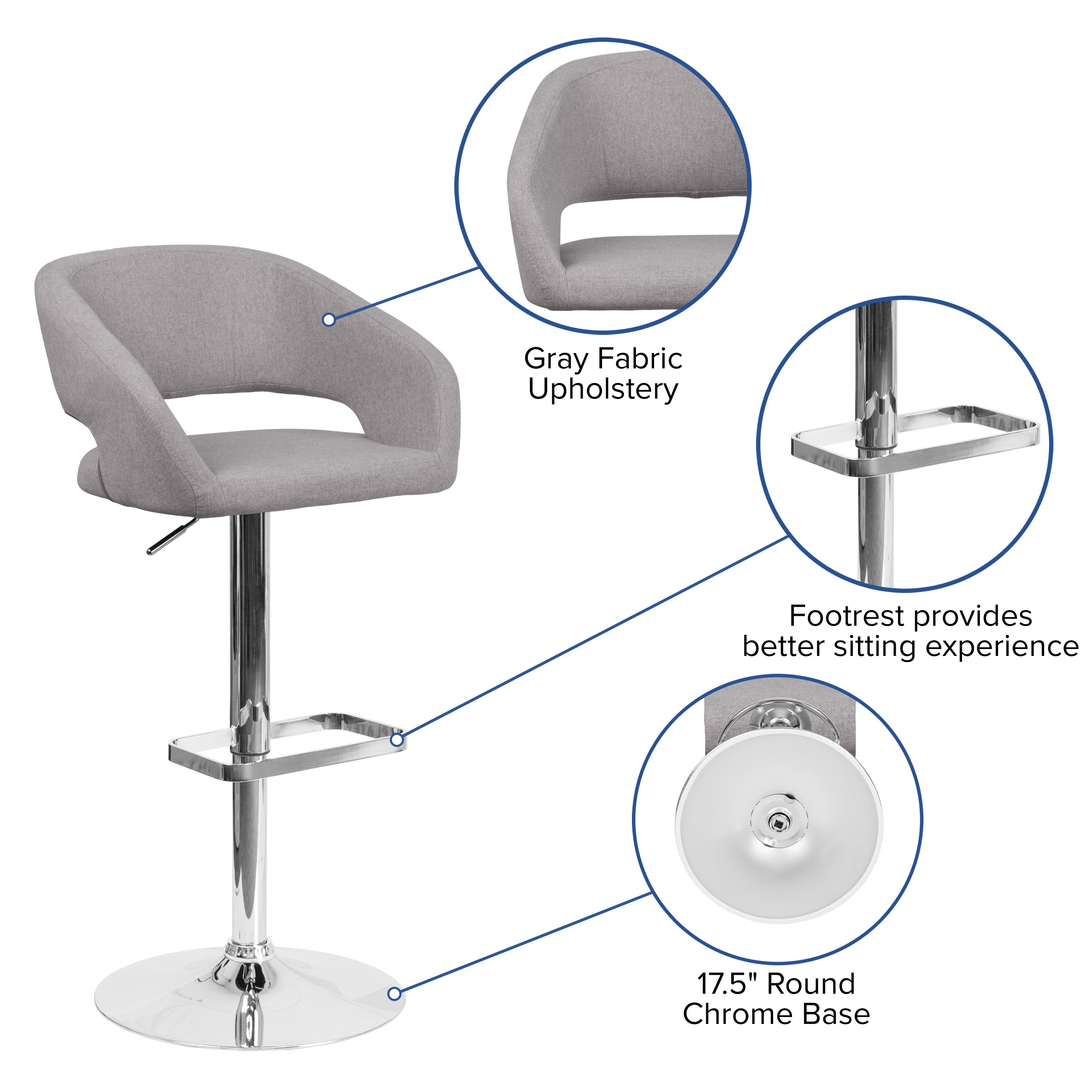 Erik Contemporary Gray Fabric Adjustable Height Barstool with Rounded Mid-Back and Chrome Base
