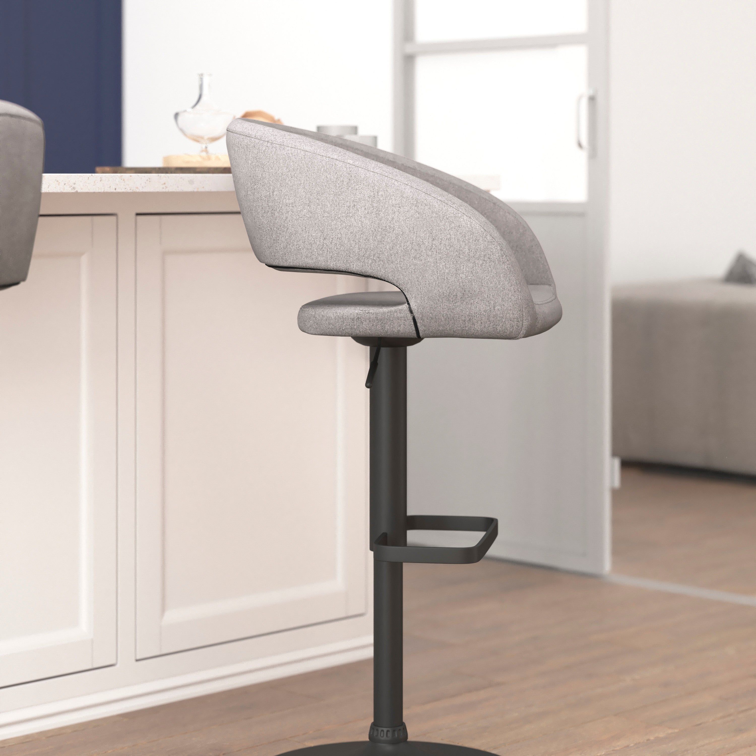 Erik Contemporary Gray Fabric Adjustable Height Barstool with Rounded Mid-Back and Black Base
