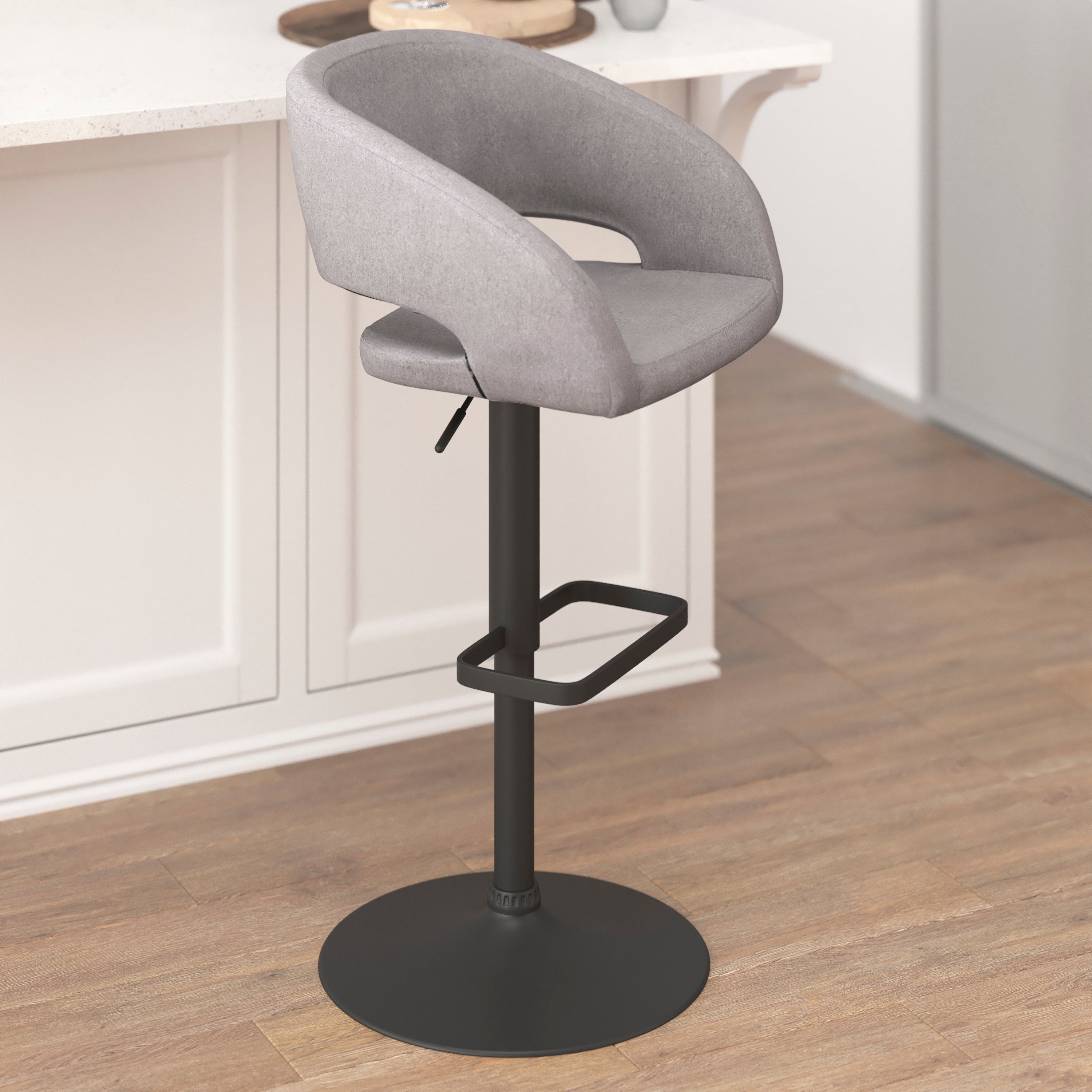 Erik Contemporary Gray Fabric Adjustable Height Barstool with Rounded Mid-Back and Black Base