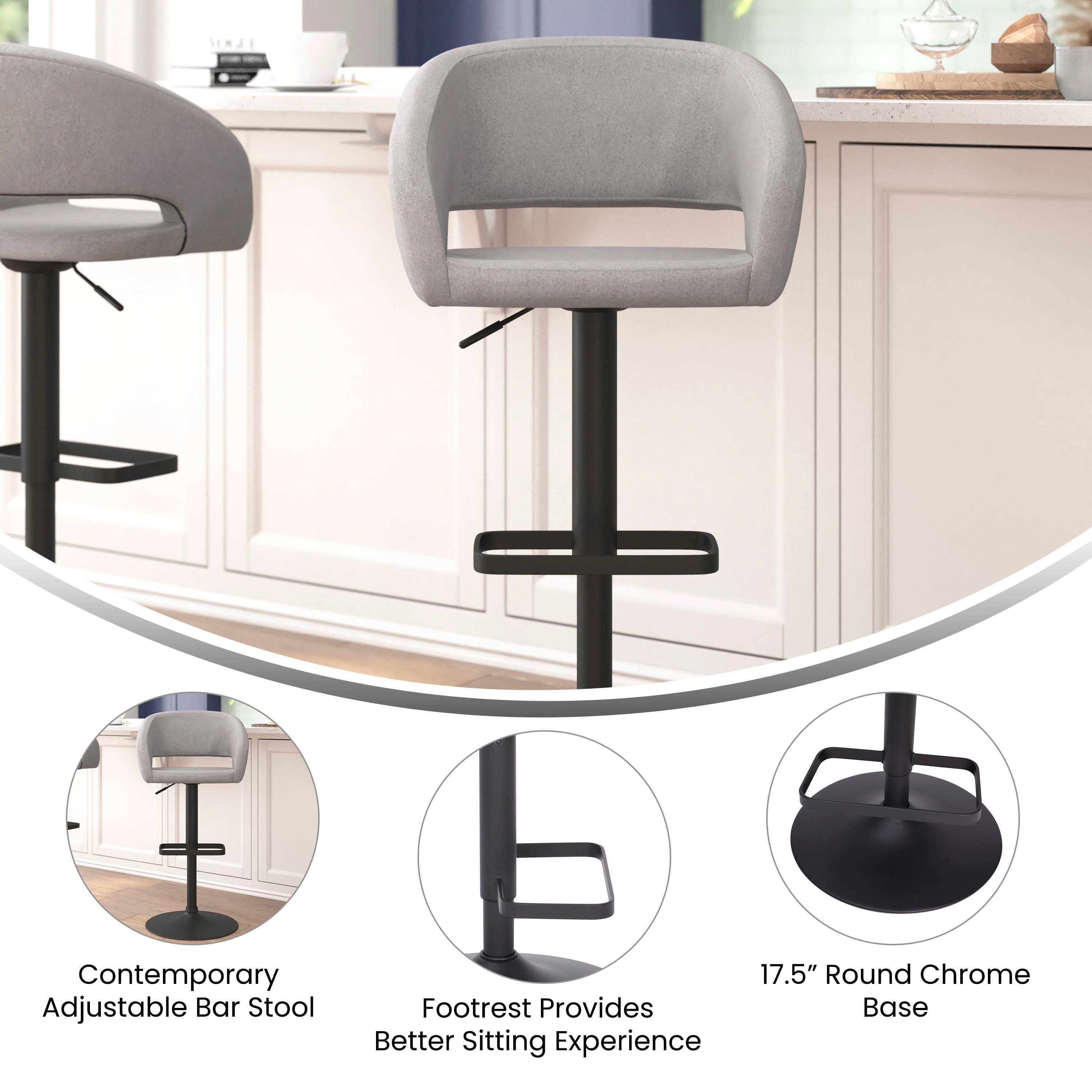 Erik Contemporary Gray Fabric Adjustable Height Barstool with Rounded Mid-Back and Black Base