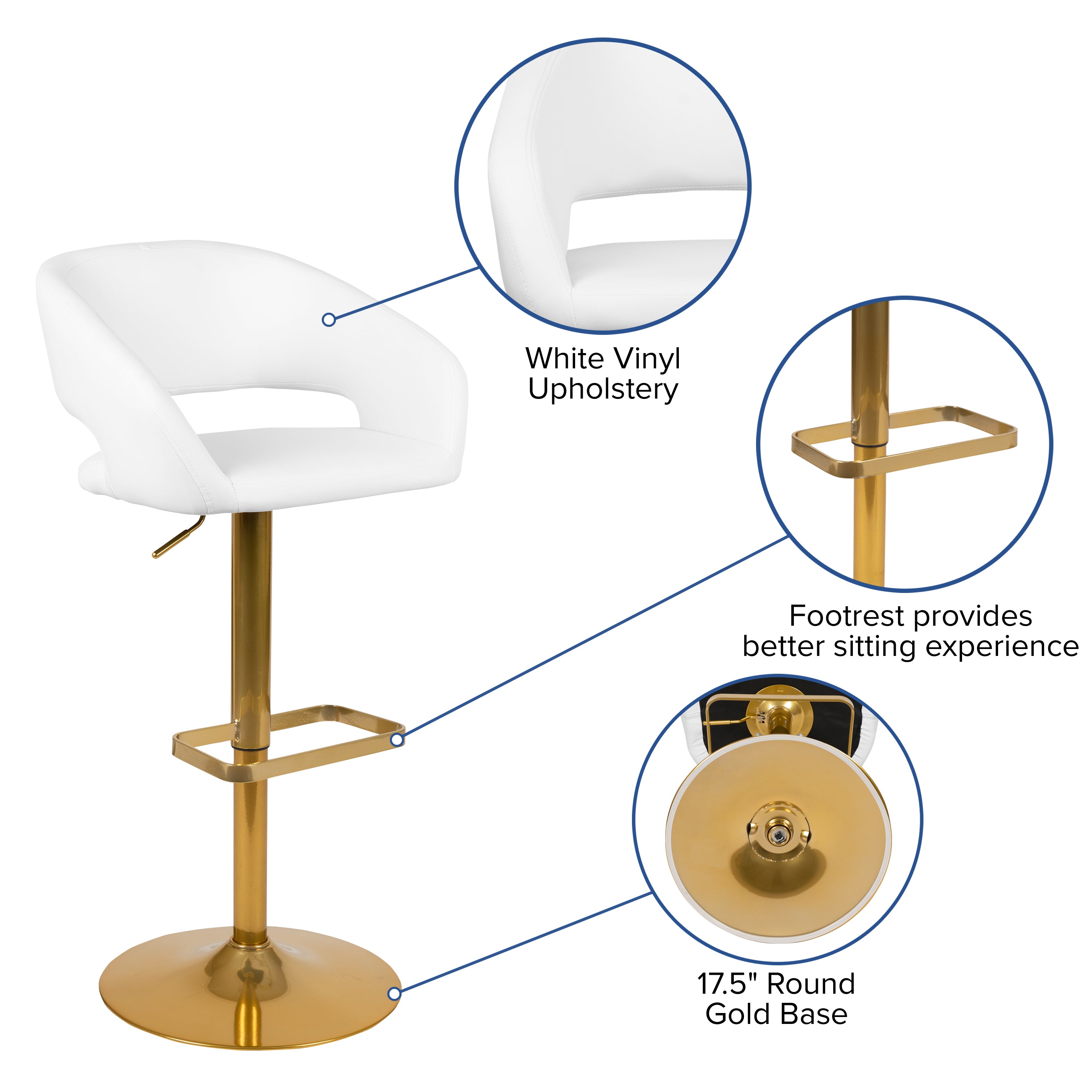 Erik Contemporary White Vinyl Adjustable Height Barstool with Rounded Mid-Back and Gold Base