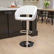 Erik Contemporary White Vinyl Adjustable Height Barstool with Rounded Mid-Back and Chrome Base
