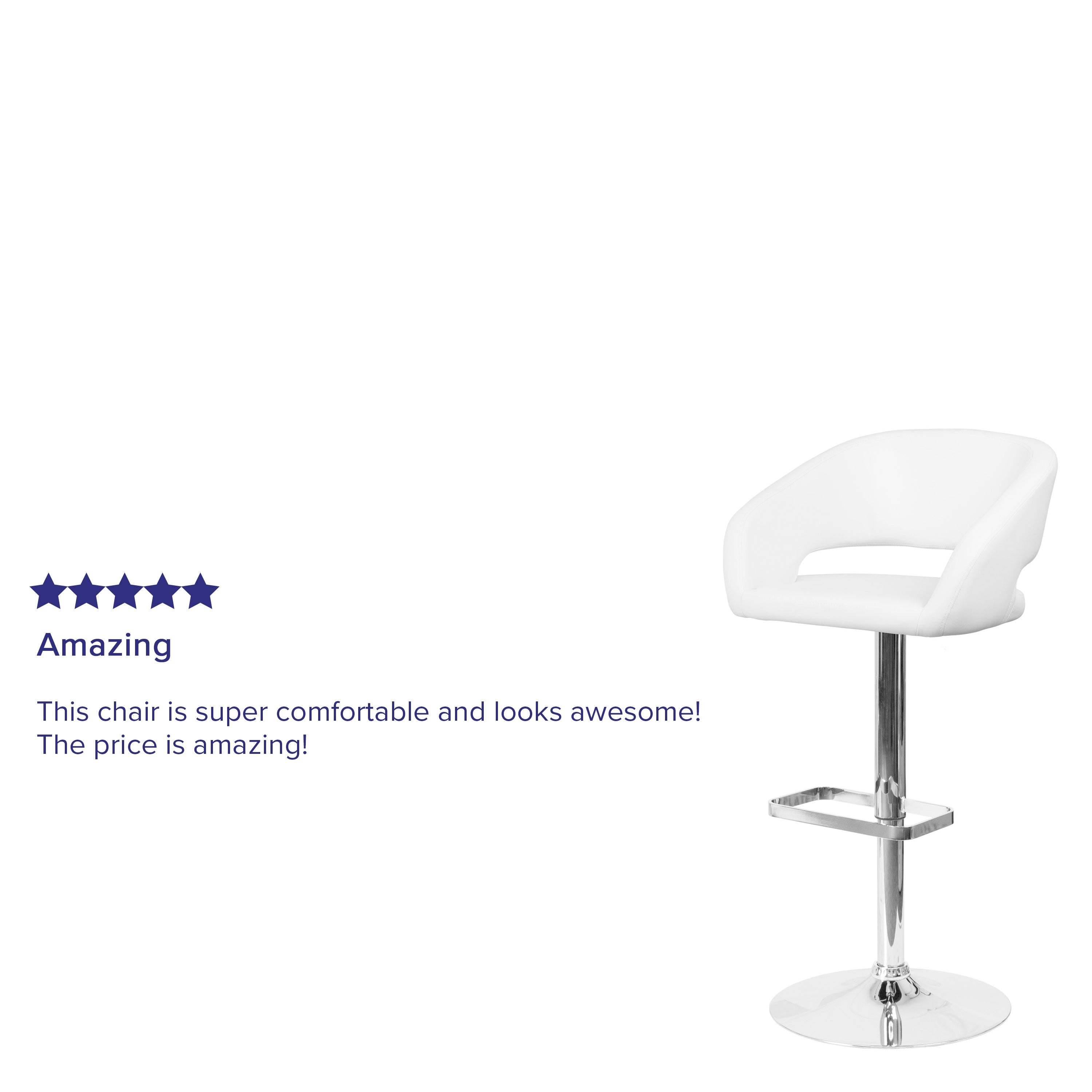 Erik Contemporary White Vinyl Adjustable Height Barstool with Rounded Mid-Back and Chrome Base