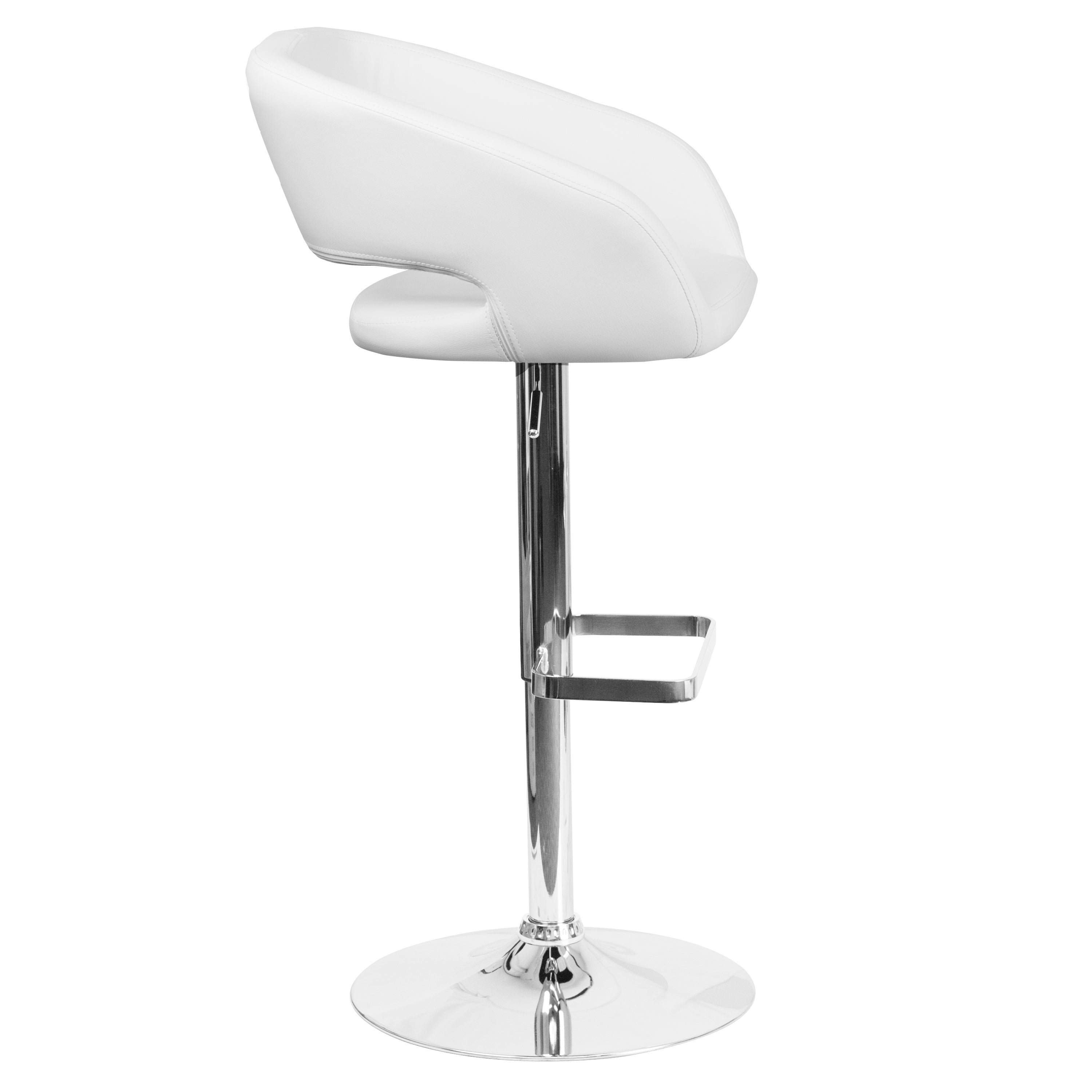 Erik Contemporary White Vinyl Adjustable Height Barstool with Rounded Mid-Back and Chrome Base
