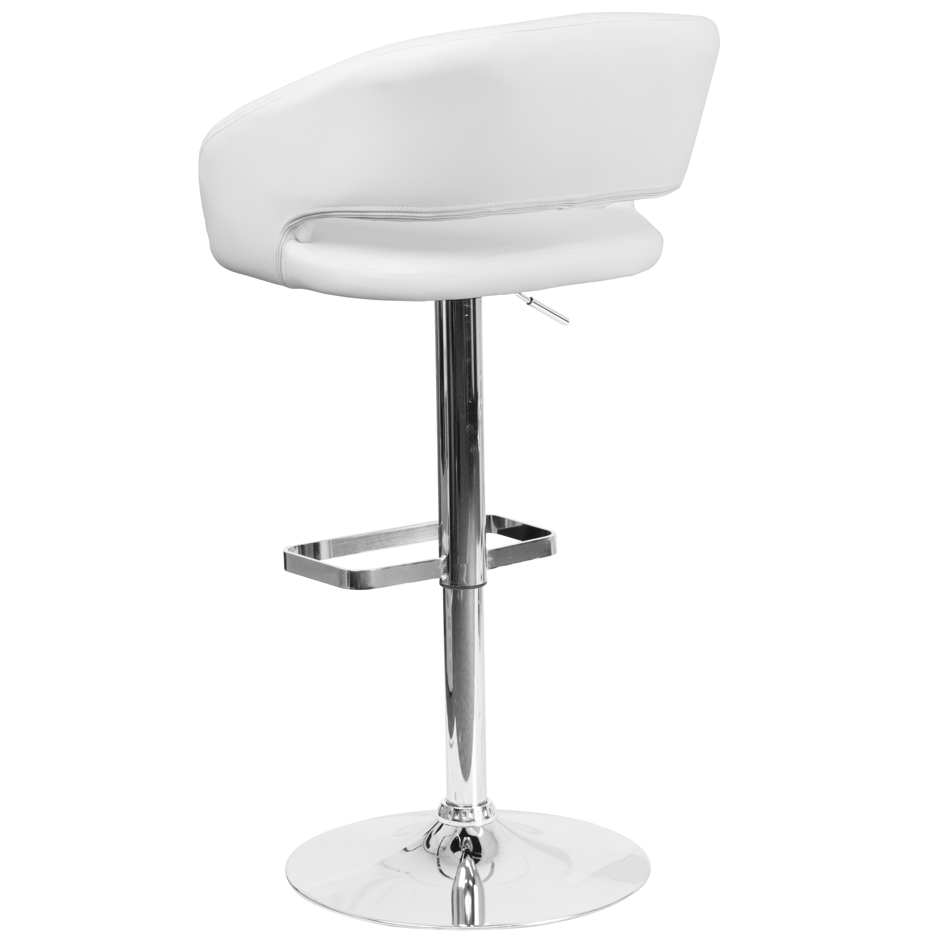 Erik Contemporary White Vinyl Adjustable Height Barstool with Rounded Mid-Back and Chrome Base