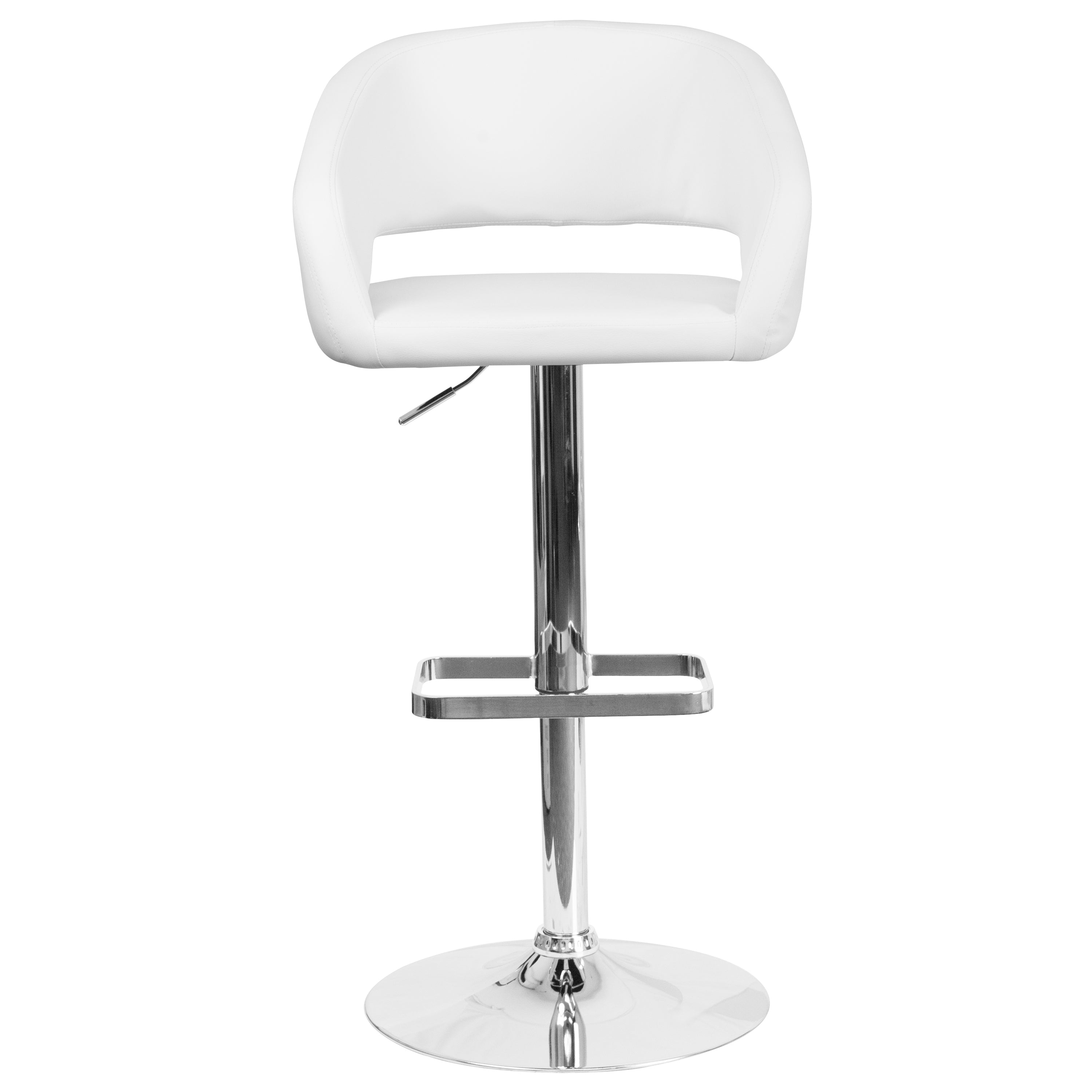 Erik Contemporary White Vinyl Adjustable Height Barstool with Rounded Mid-Back and Chrome Base
