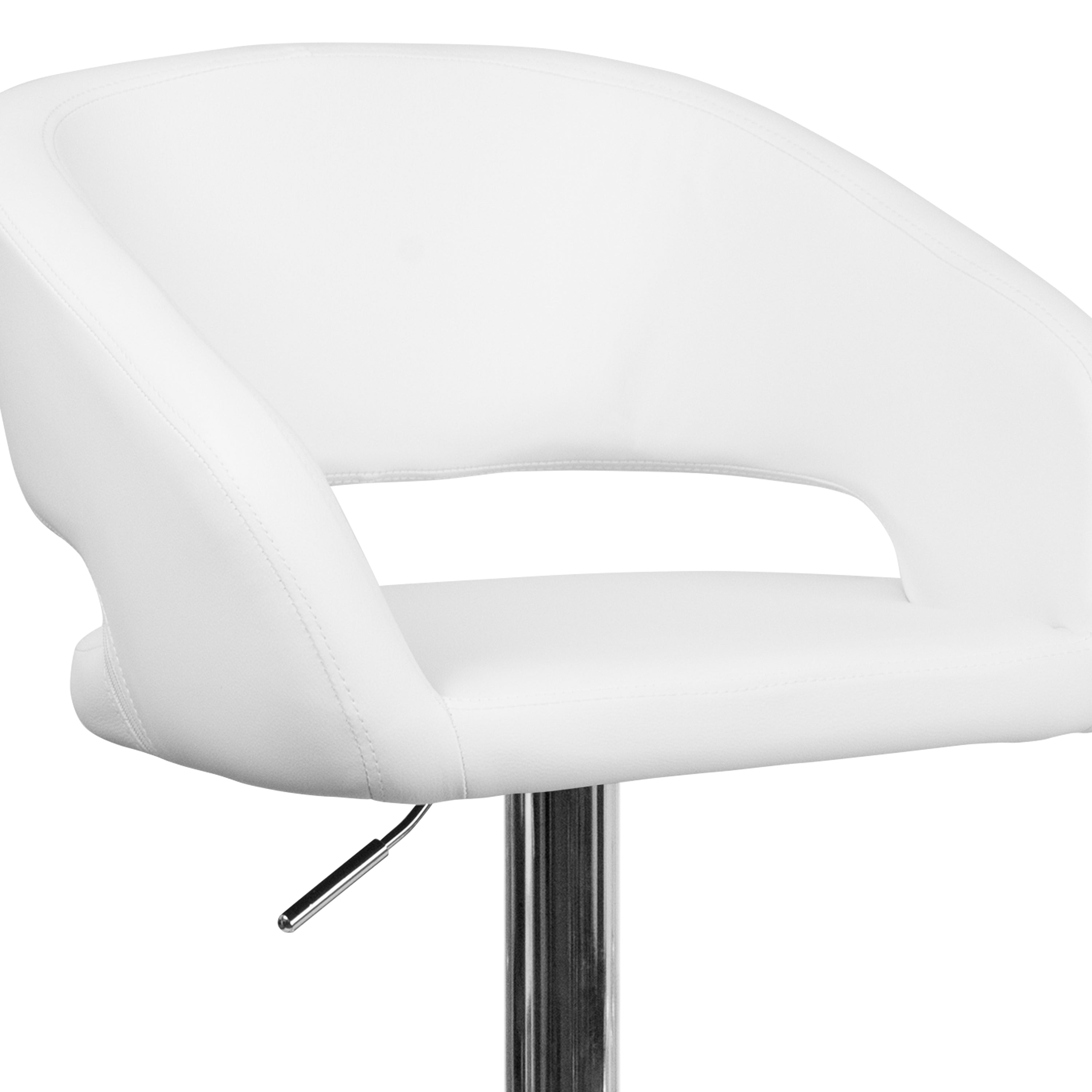 Erik Contemporary White Vinyl Adjustable Height Barstool with Rounded Mid-Back and Chrome Base