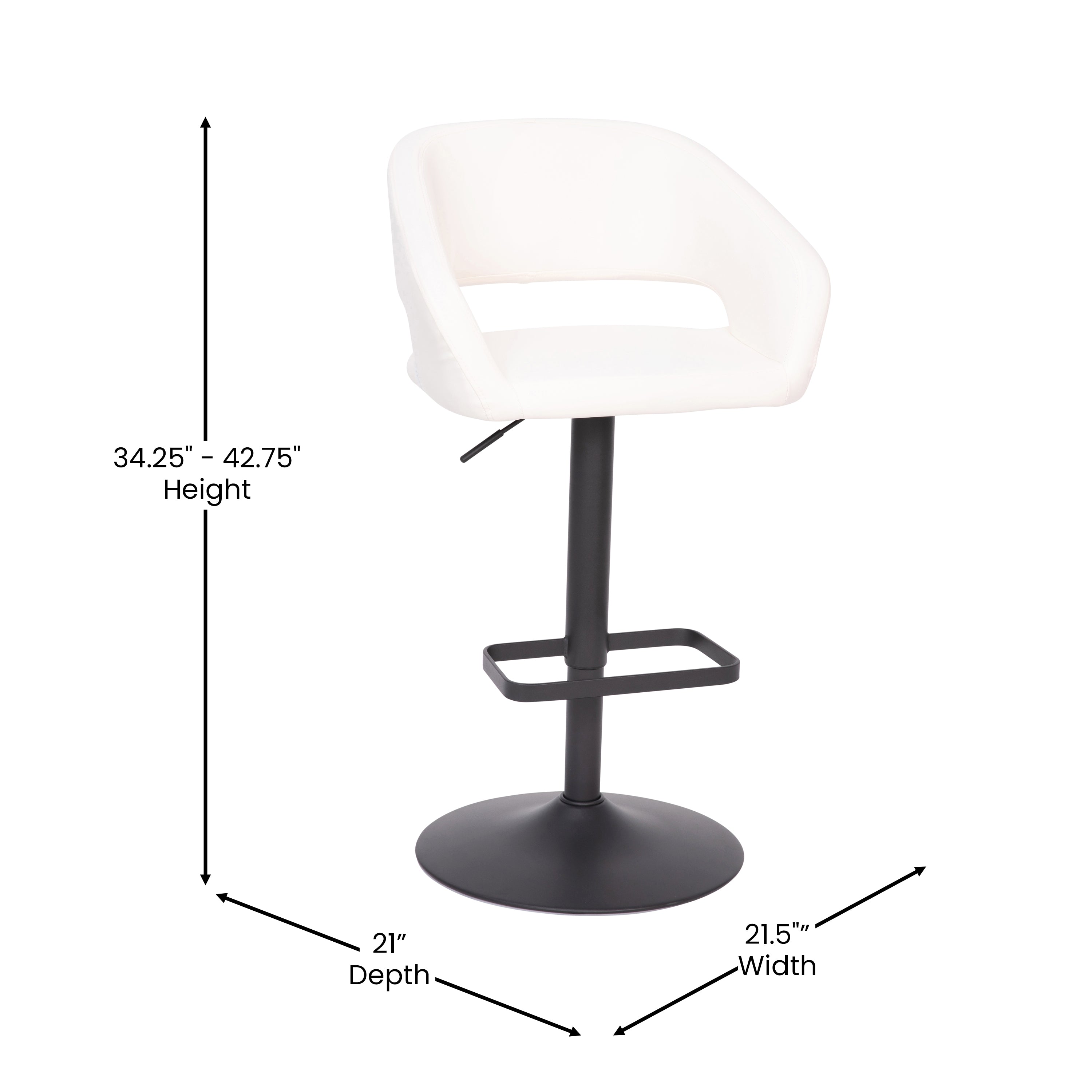 Erik Contemporary White Vinyl Adjustable Height Barstool with Rounded Mid-Back and Black Base