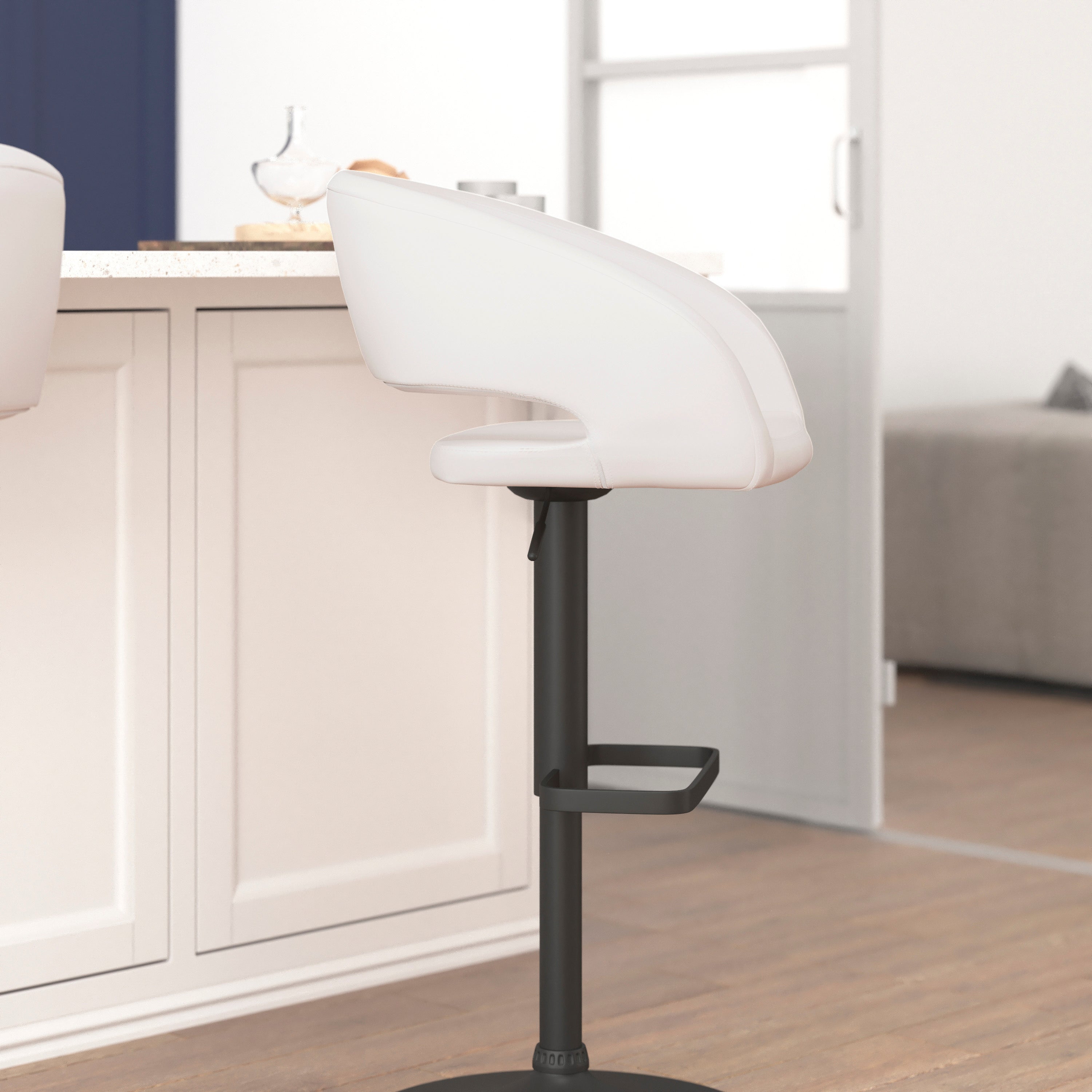Erik Contemporary White Vinyl Adjustable Height Barstool with Rounded Mid-Back and Black Base