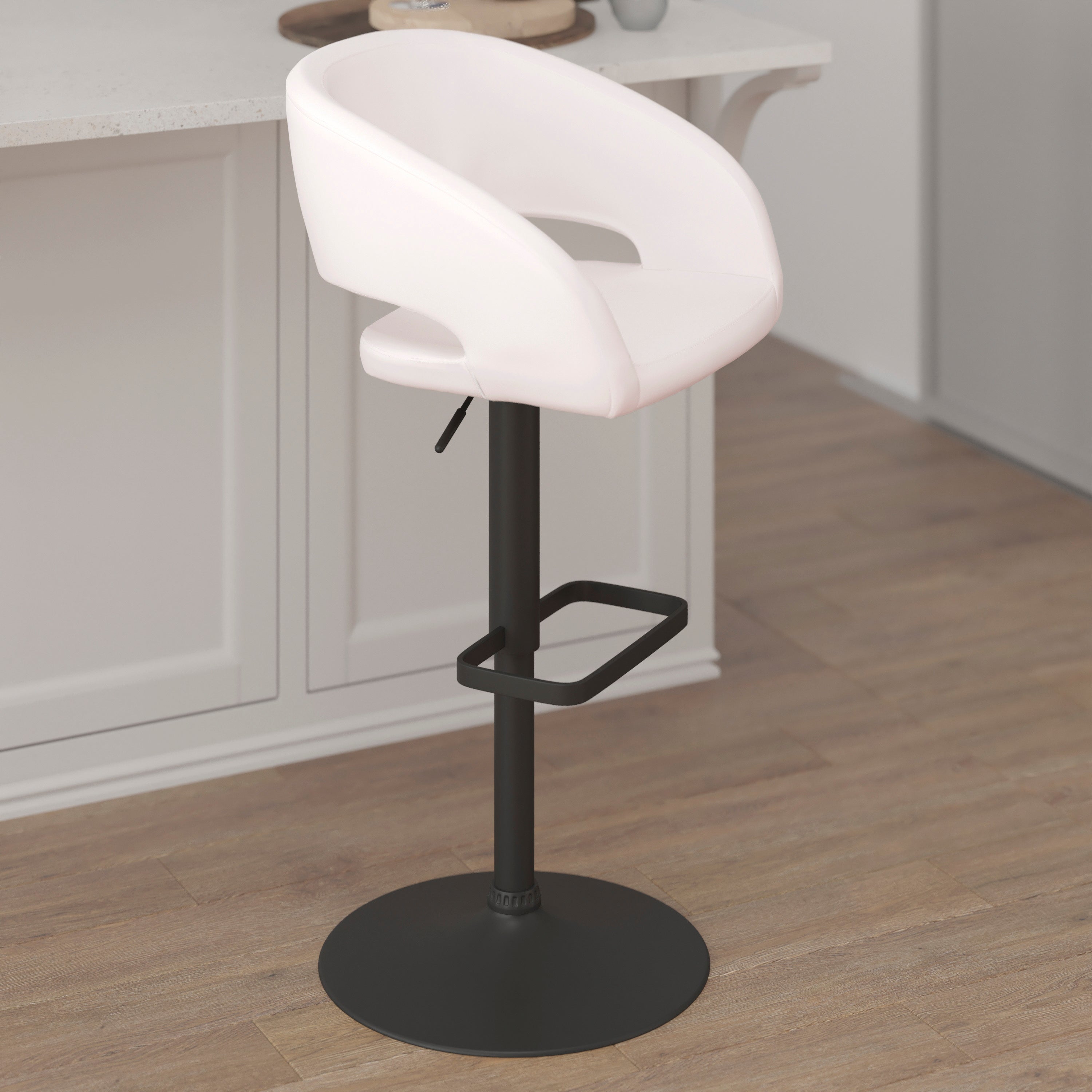 Erik Contemporary White Vinyl Adjustable Height Barstool with Rounded Mid-Back and Black Base