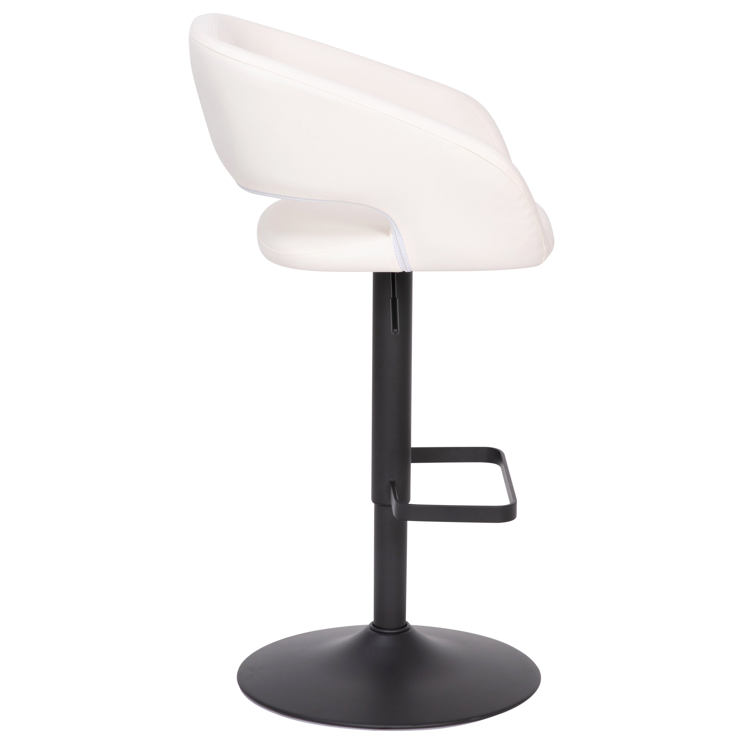 Erik Contemporary White Vinyl Adjustable Height Barstool with Rounded Mid-Back and Black Base