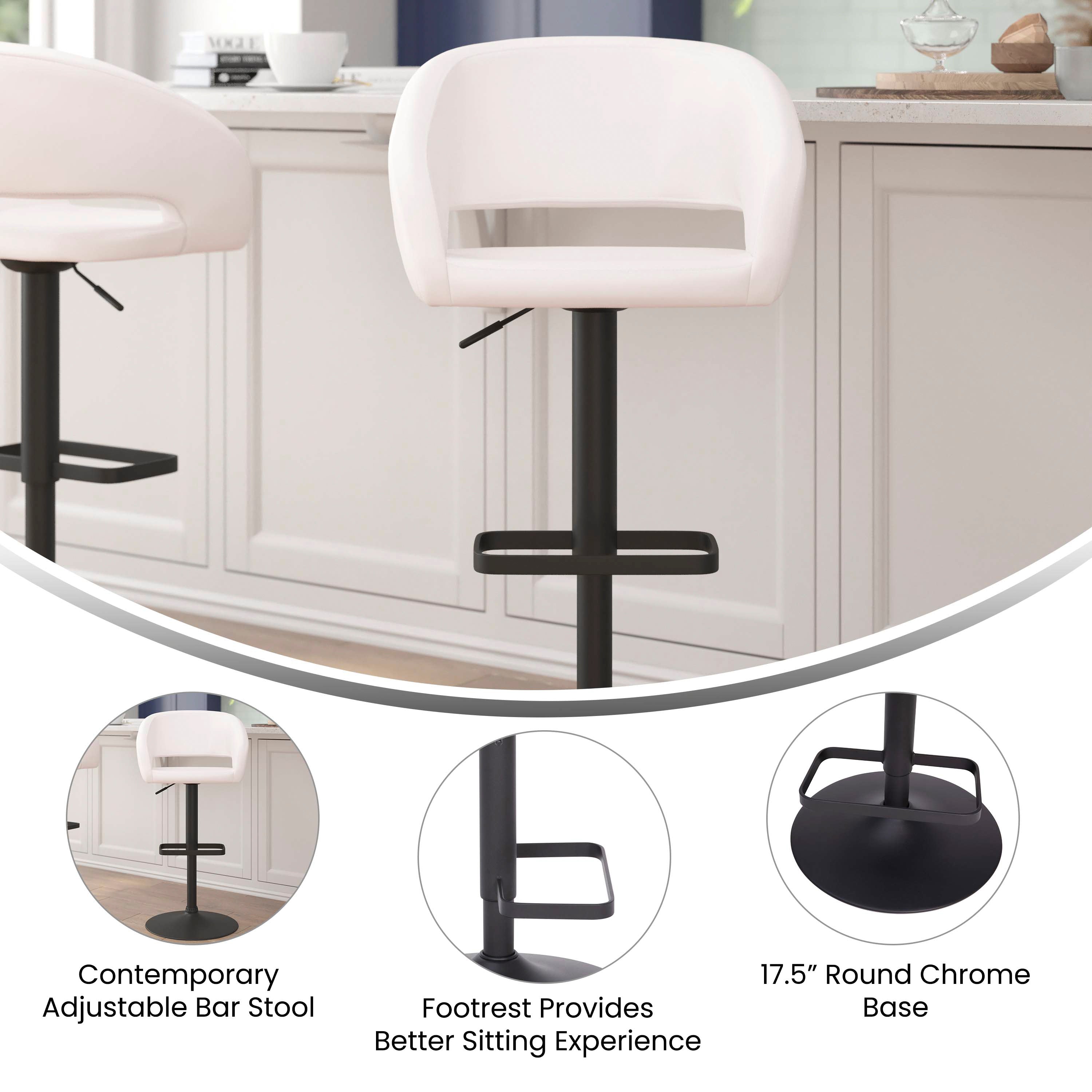 Erik Contemporary White Vinyl Adjustable Height Barstool with Rounded Mid-Back and Black Base