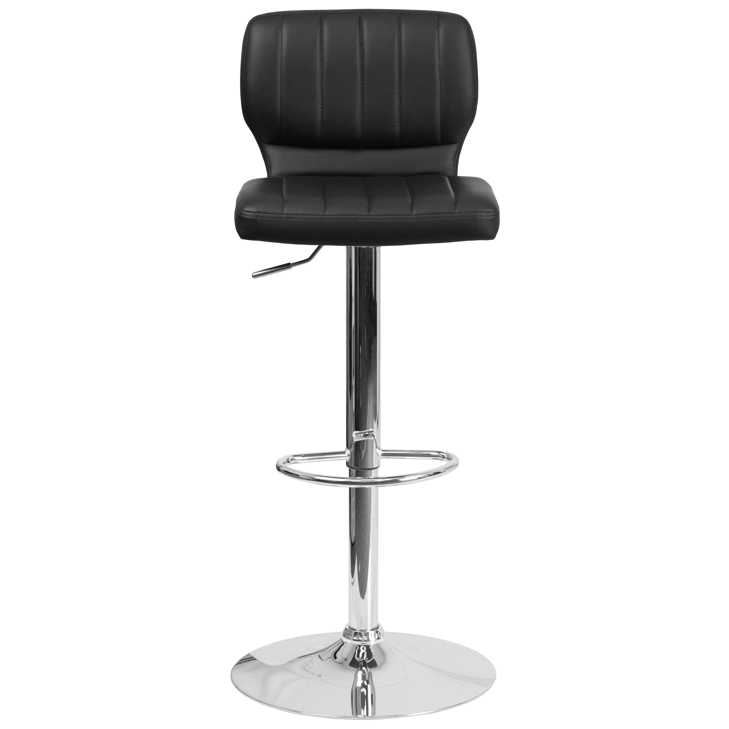 Jeremy Contemporary Black Vinyl Adjustable Height Barstool with Vertical Stitch Back and Chrome Base