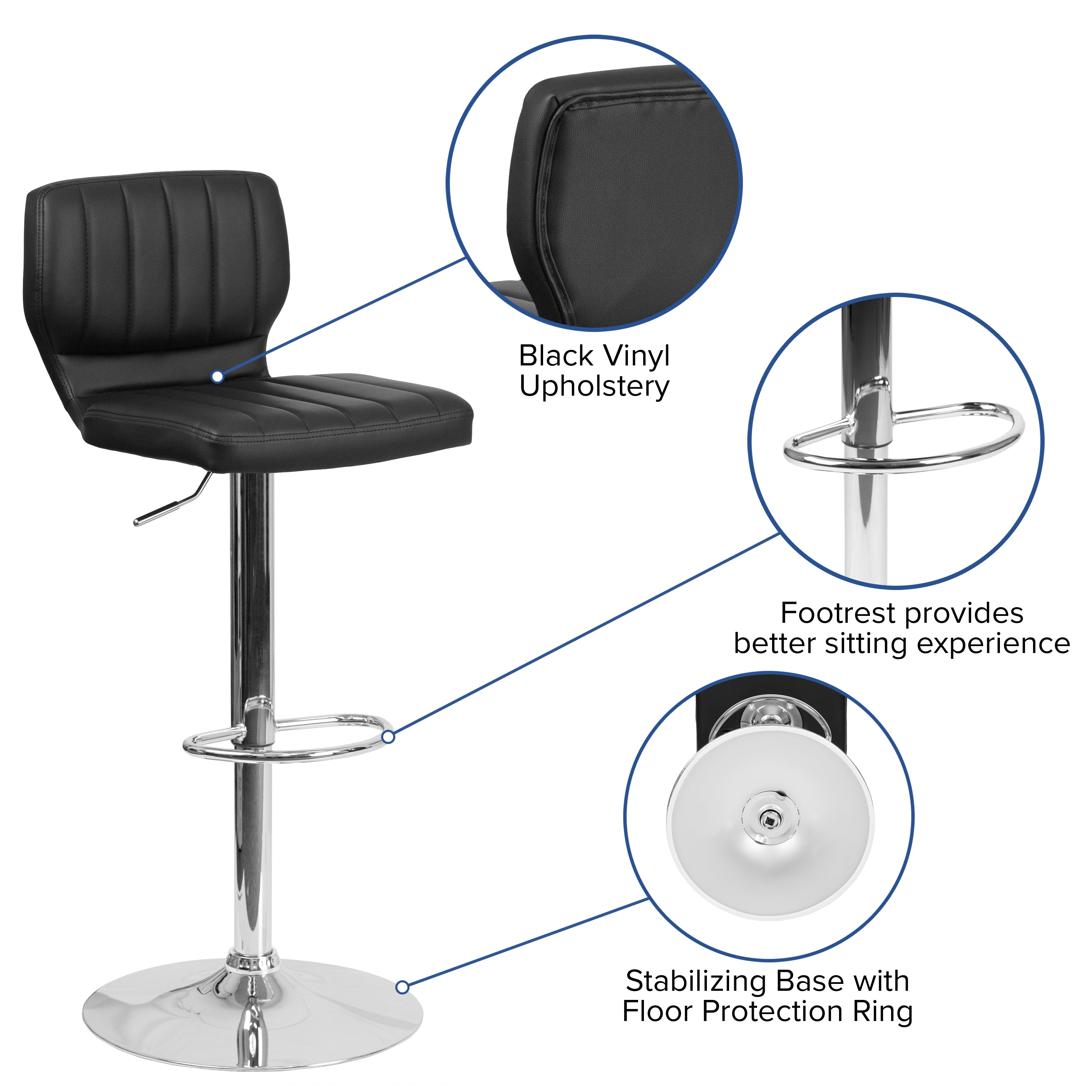 Jeremy Contemporary Black Vinyl Adjustable Height Barstool with Vertical Stitch Back and Chrome Base