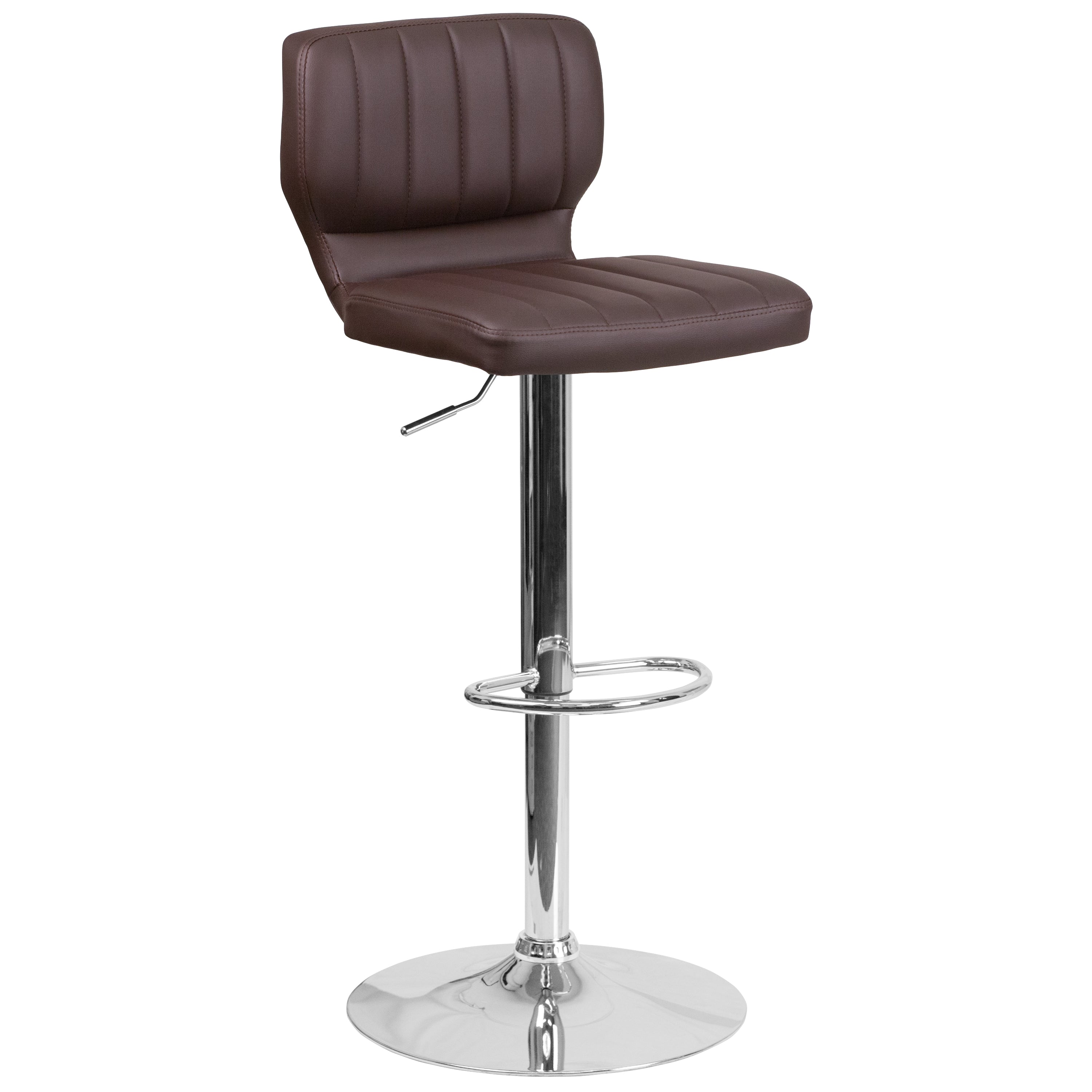 Jeremy Contemporary Brown Vinyl Adjustable Height Barstool with Vertical Stitch Back and Chrome Base