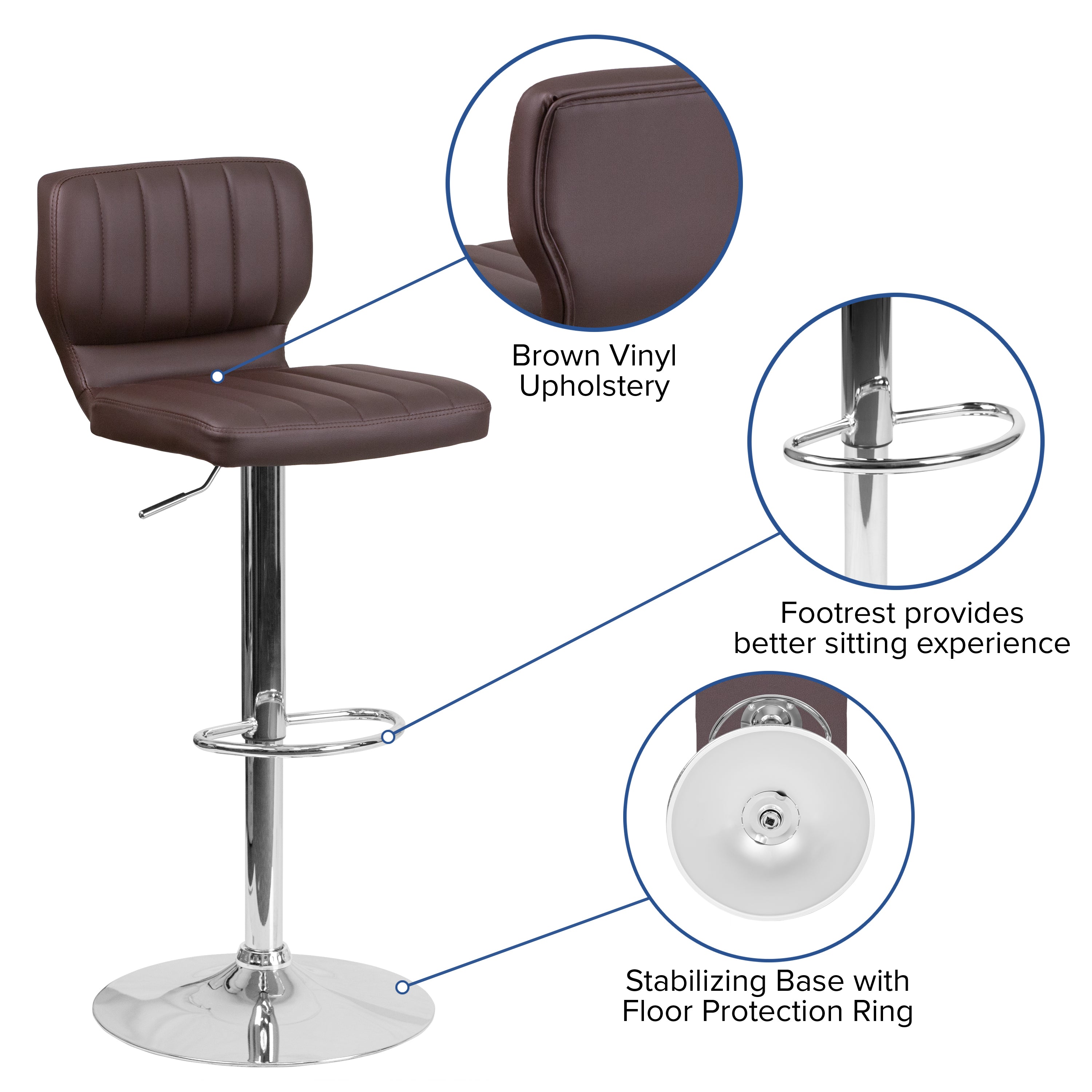 Jeremy Contemporary Brown Vinyl Adjustable Height Barstool with Vertical Stitch Back and Chrome Base