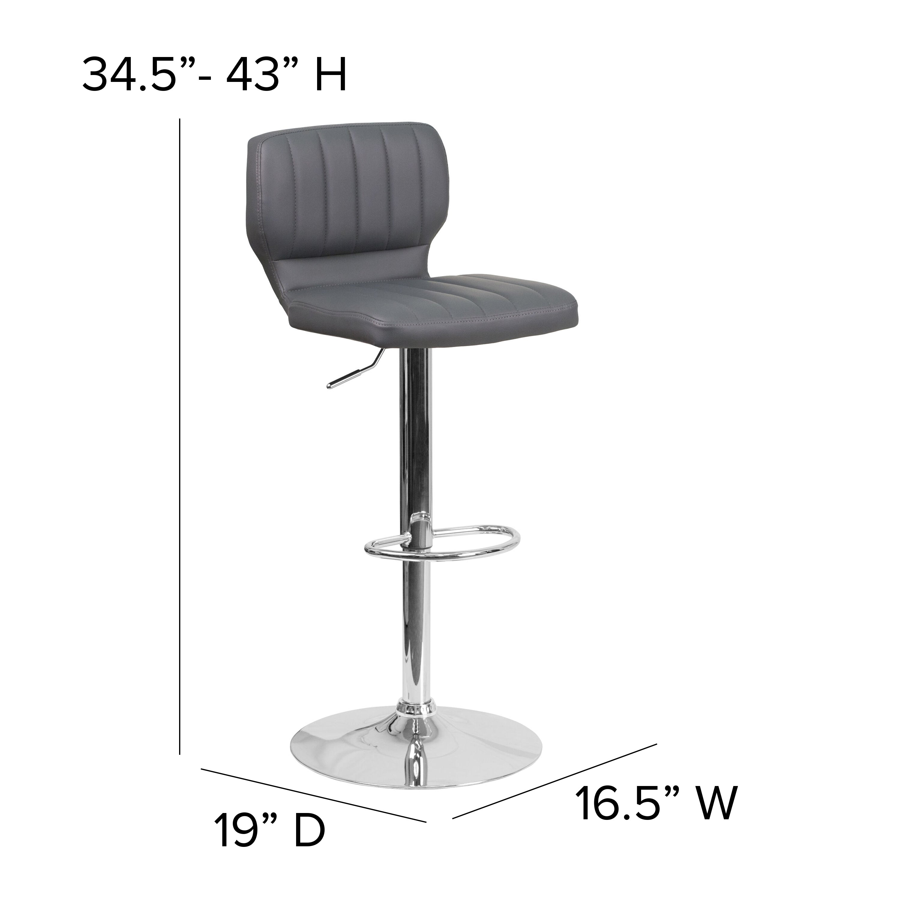 Jeremy Contemporary Gray Vinyl Adjustable Height Barstool with Vertical Stitch Back and Chrome Base