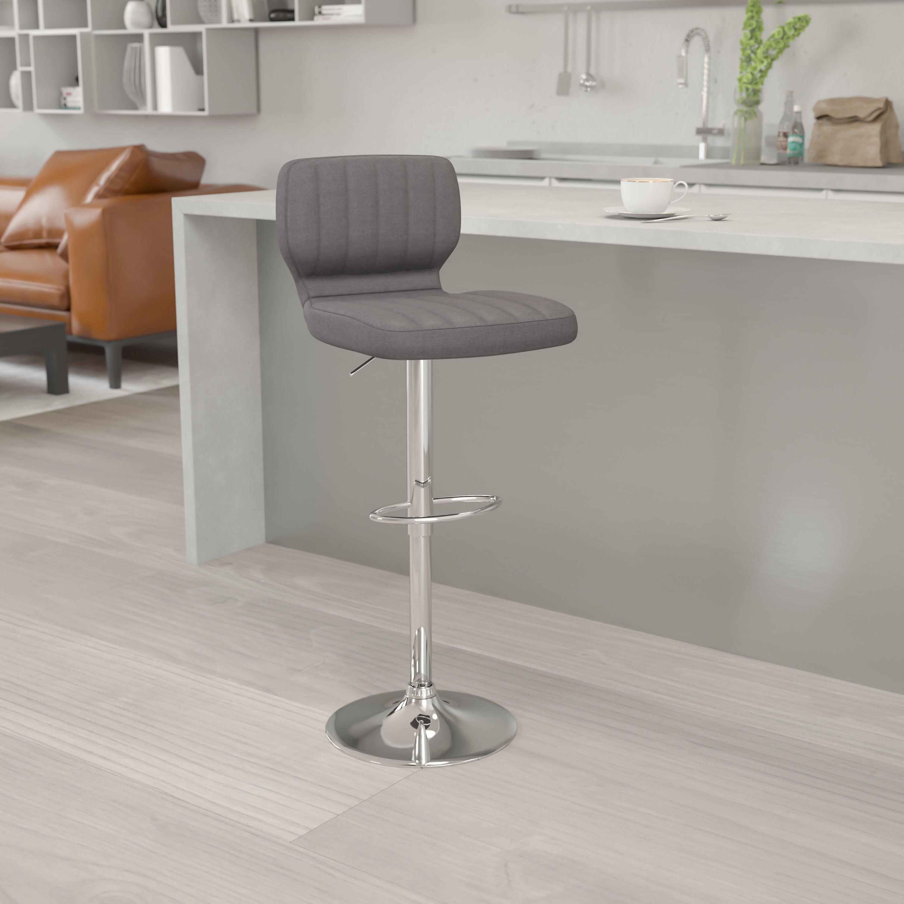 Jeremy Contemporary Gray Vinyl Adjustable Height Barstool with Vertical Stitch Back and Chrome Base