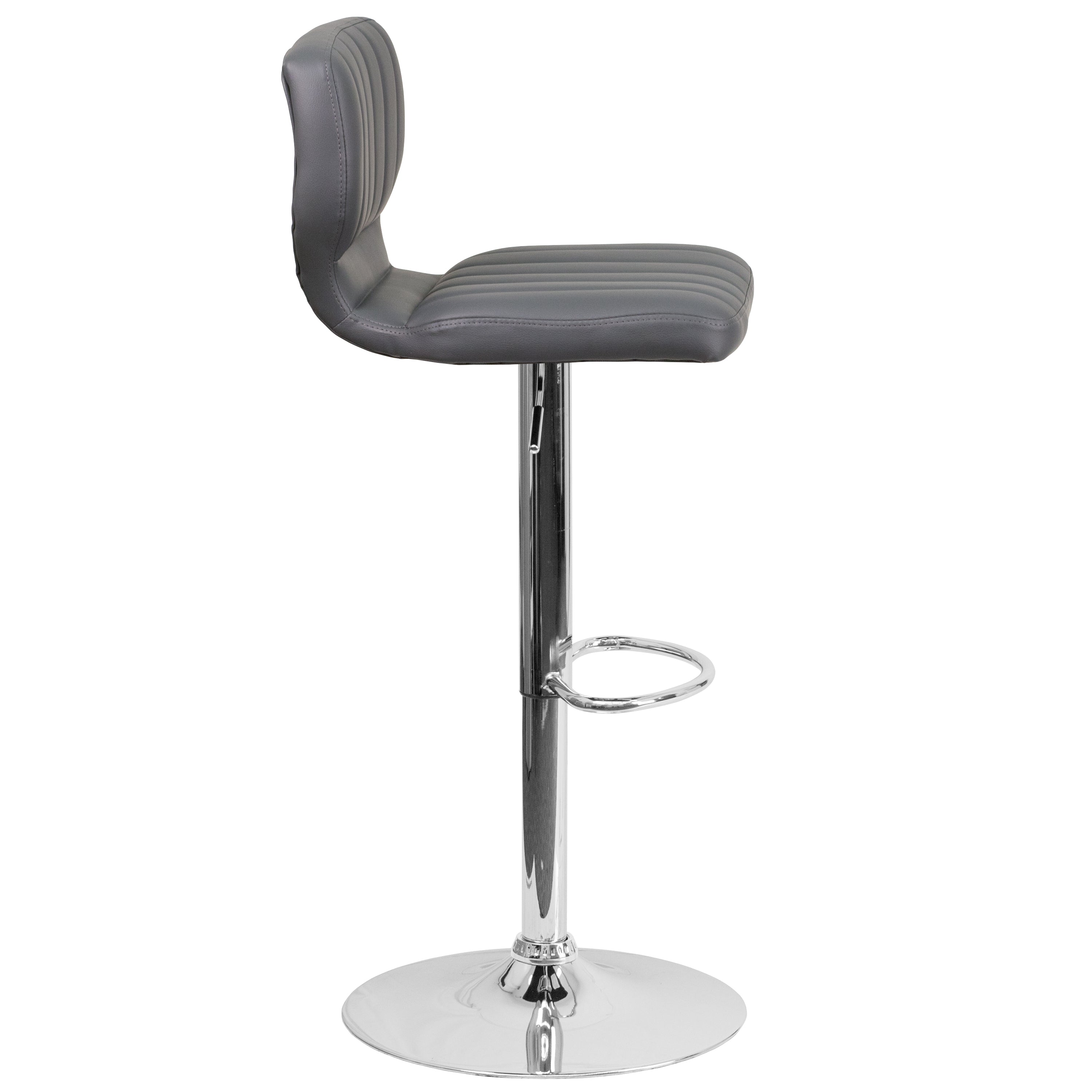Jeremy Contemporary Gray Vinyl Adjustable Height Barstool with Vertical Stitch Back and Chrome Base