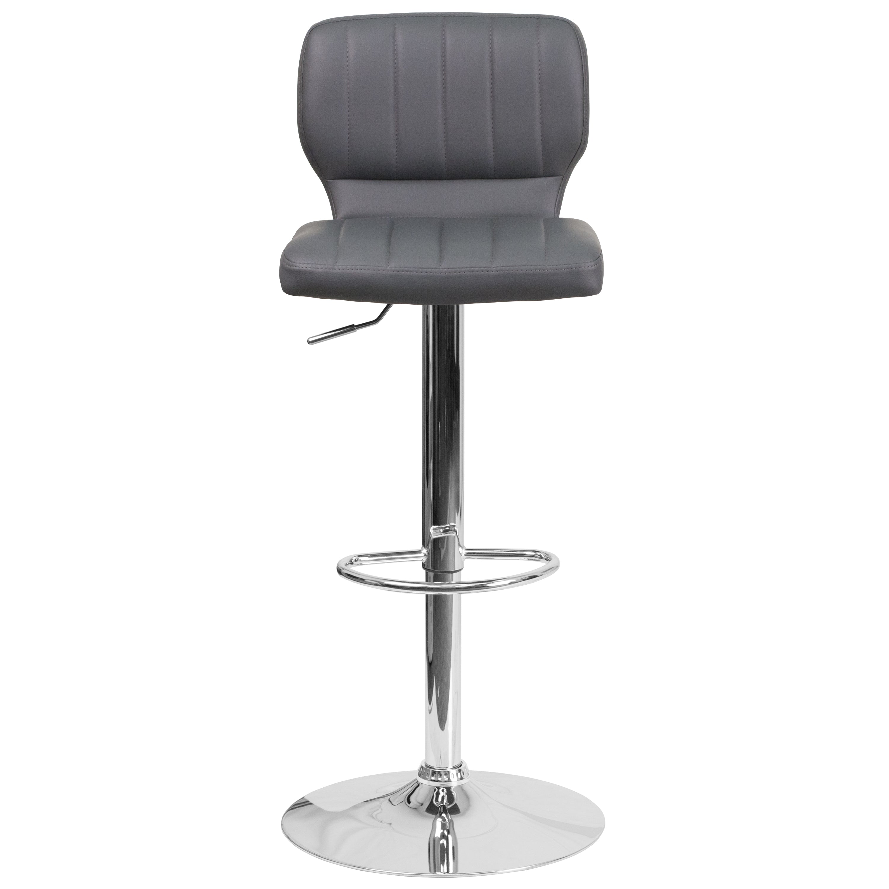 Jeremy Contemporary Gray Vinyl Adjustable Height Barstool with Vertical Stitch Back and Chrome Base