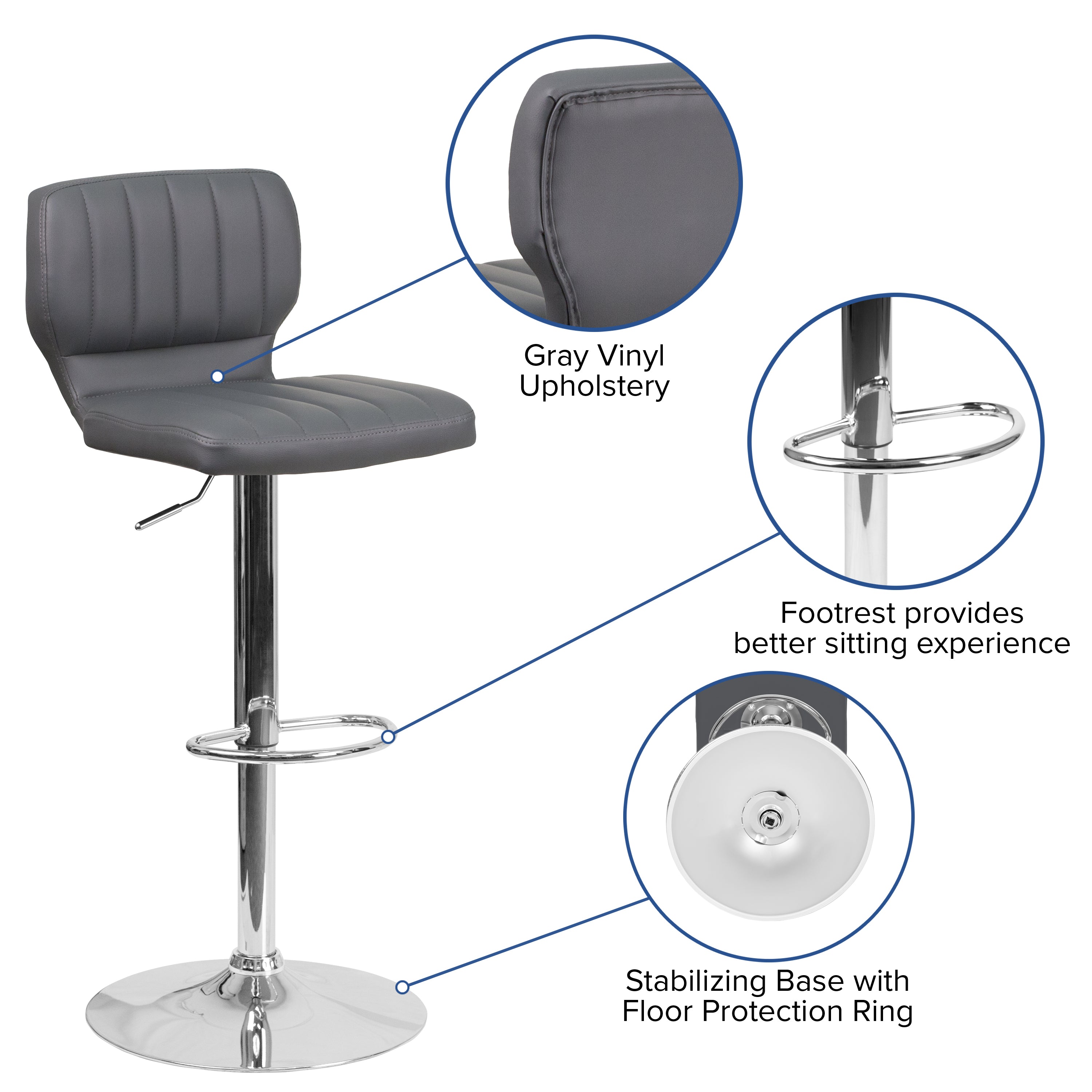 Jeremy Contemporary Gray Vinyl Adjustable Height Barstool with Vertical Stitch Back and Chrome Base