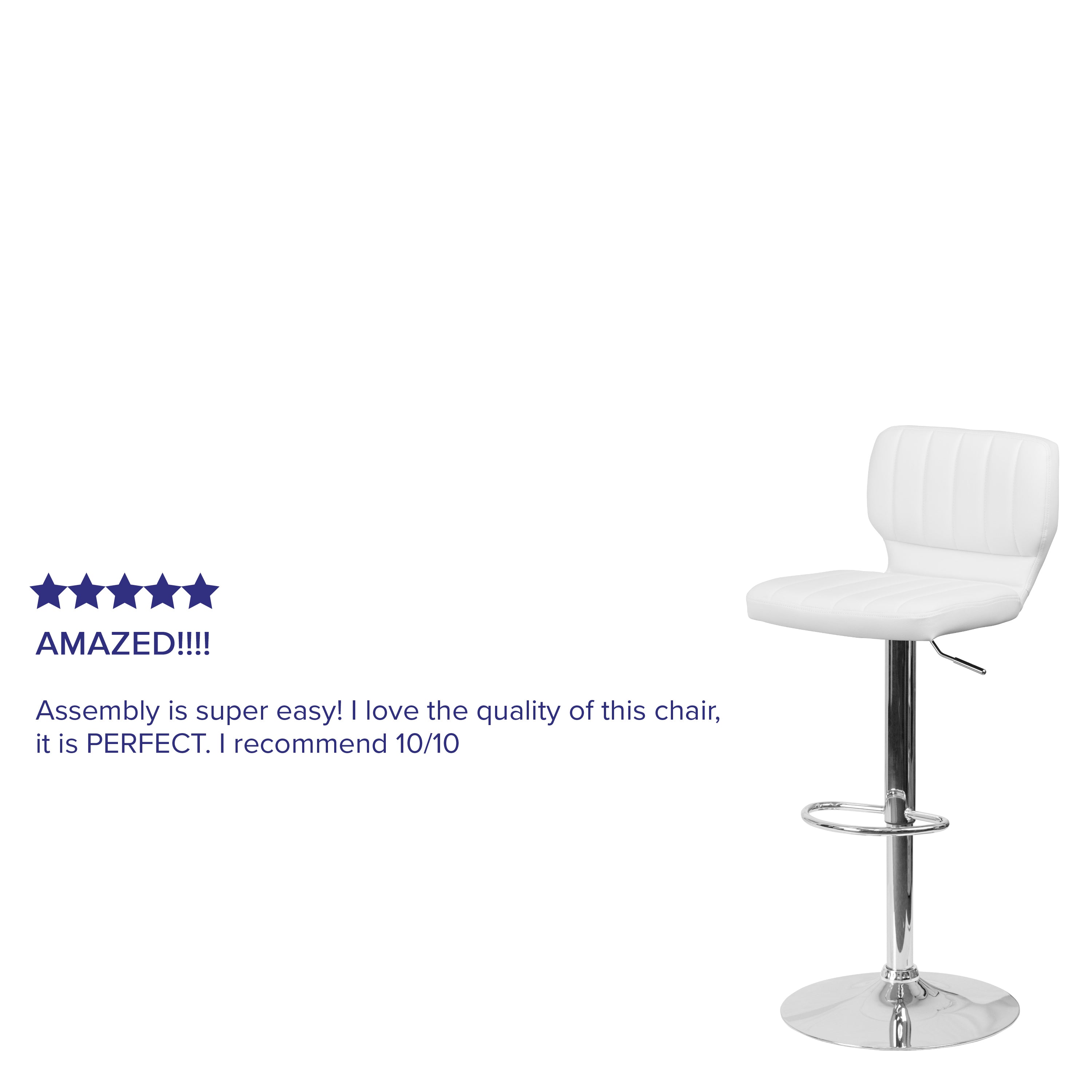 Jeremy Contemporary White Vinyl Adjustable Height Barstool with Vertical Stitch Back and Chrome Base