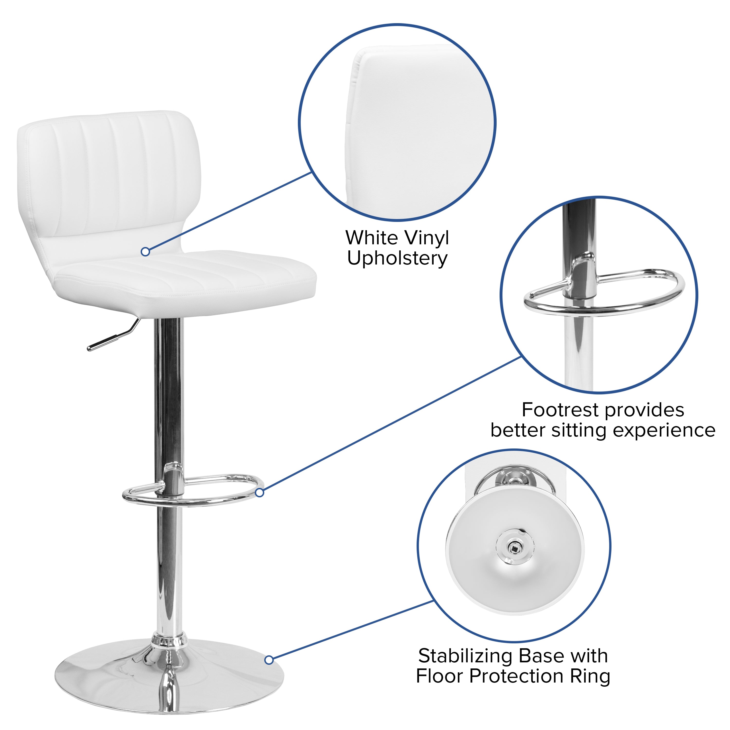 Jeremy Contemporary White Vinyl Adjustable Height Barstool with Vertical Stitch Back and Chrome Base