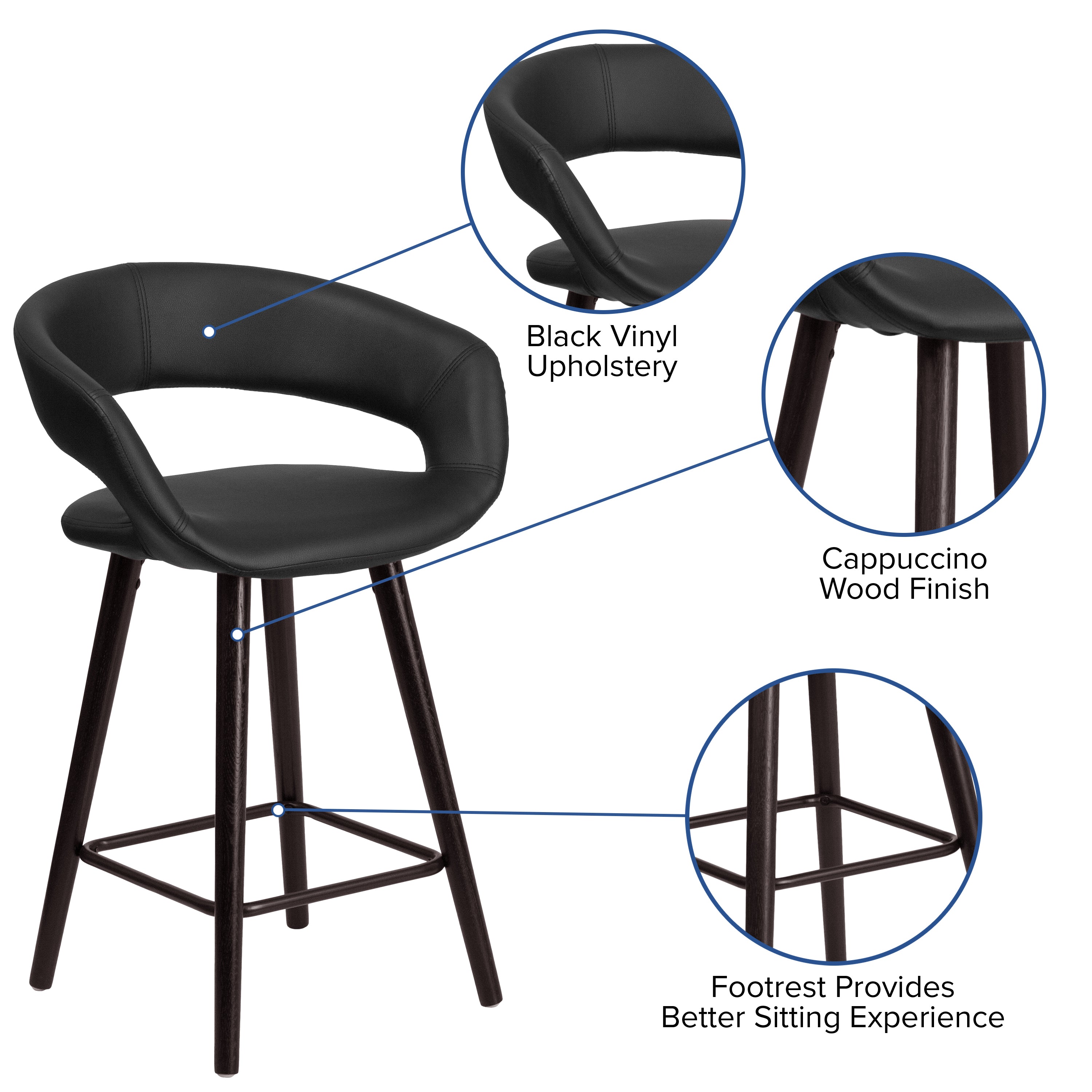 Brynn Series 23.75'' High Contemporary Cappuccino Wood Counter Height Stool in Black Vinyl