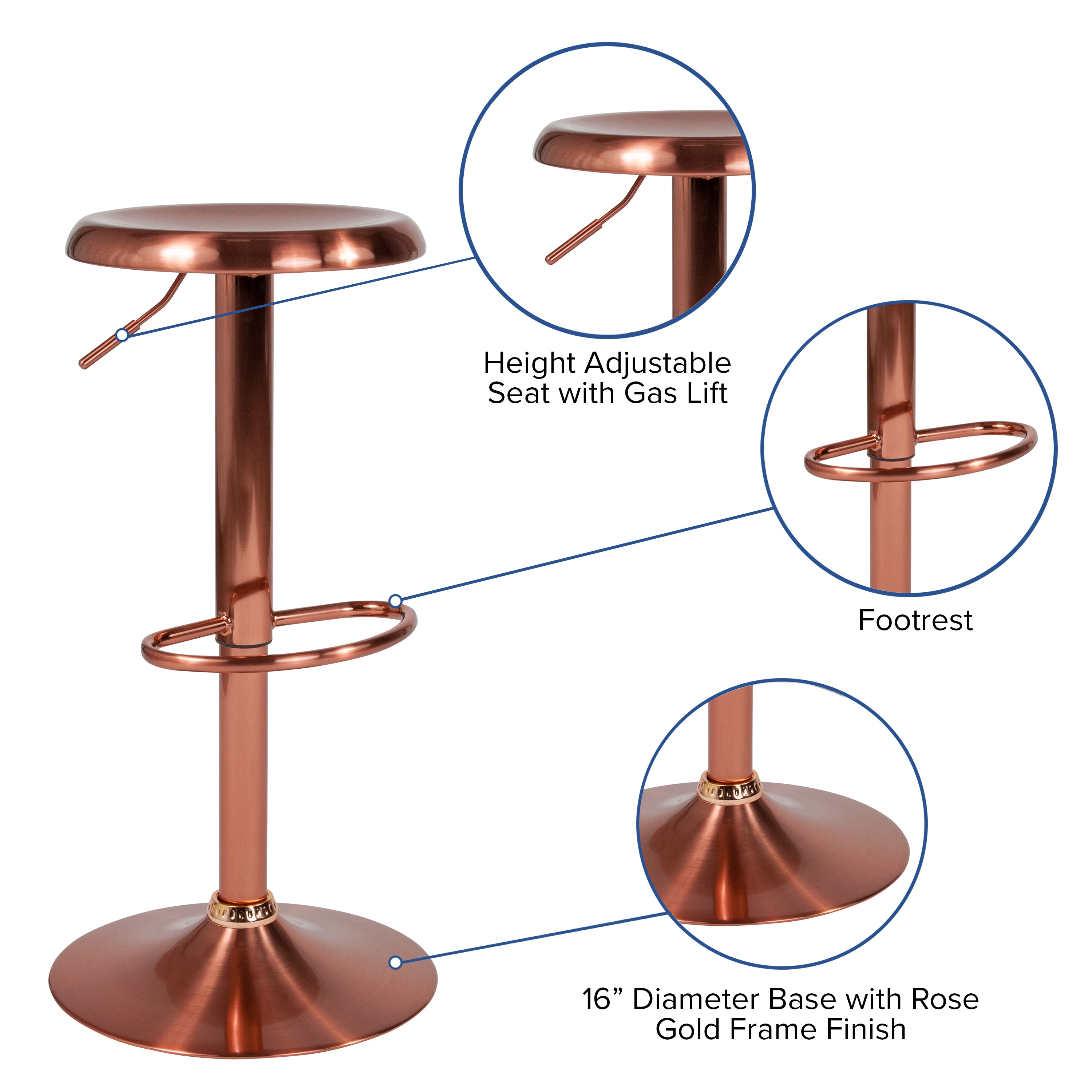 Madrid Series Adjustable Height Retro Barstool in Rose Gold Finish