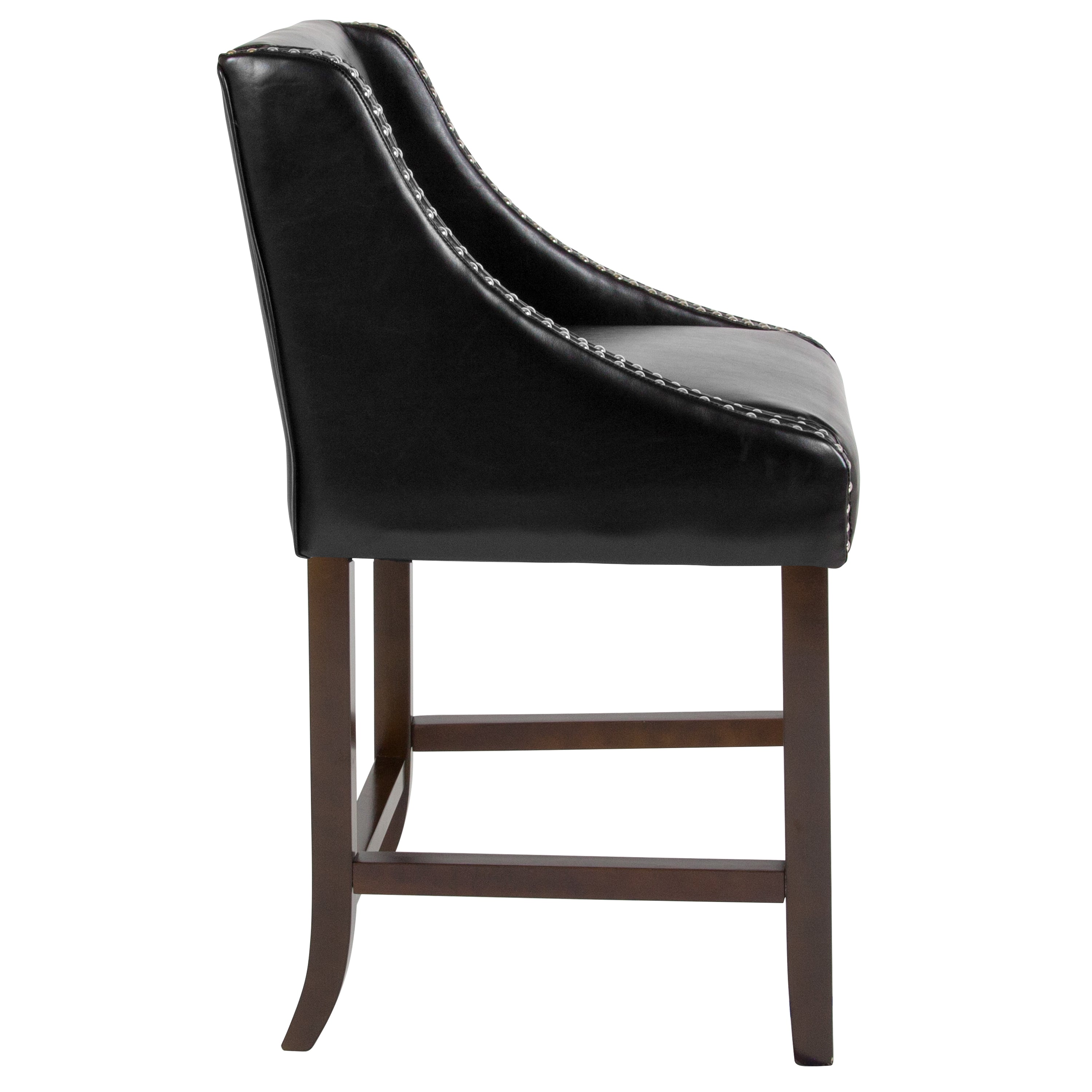 Carmel Series 24" High Transitional Walnut Counter Height Stool with Nail Trim in Black LeatherSoft