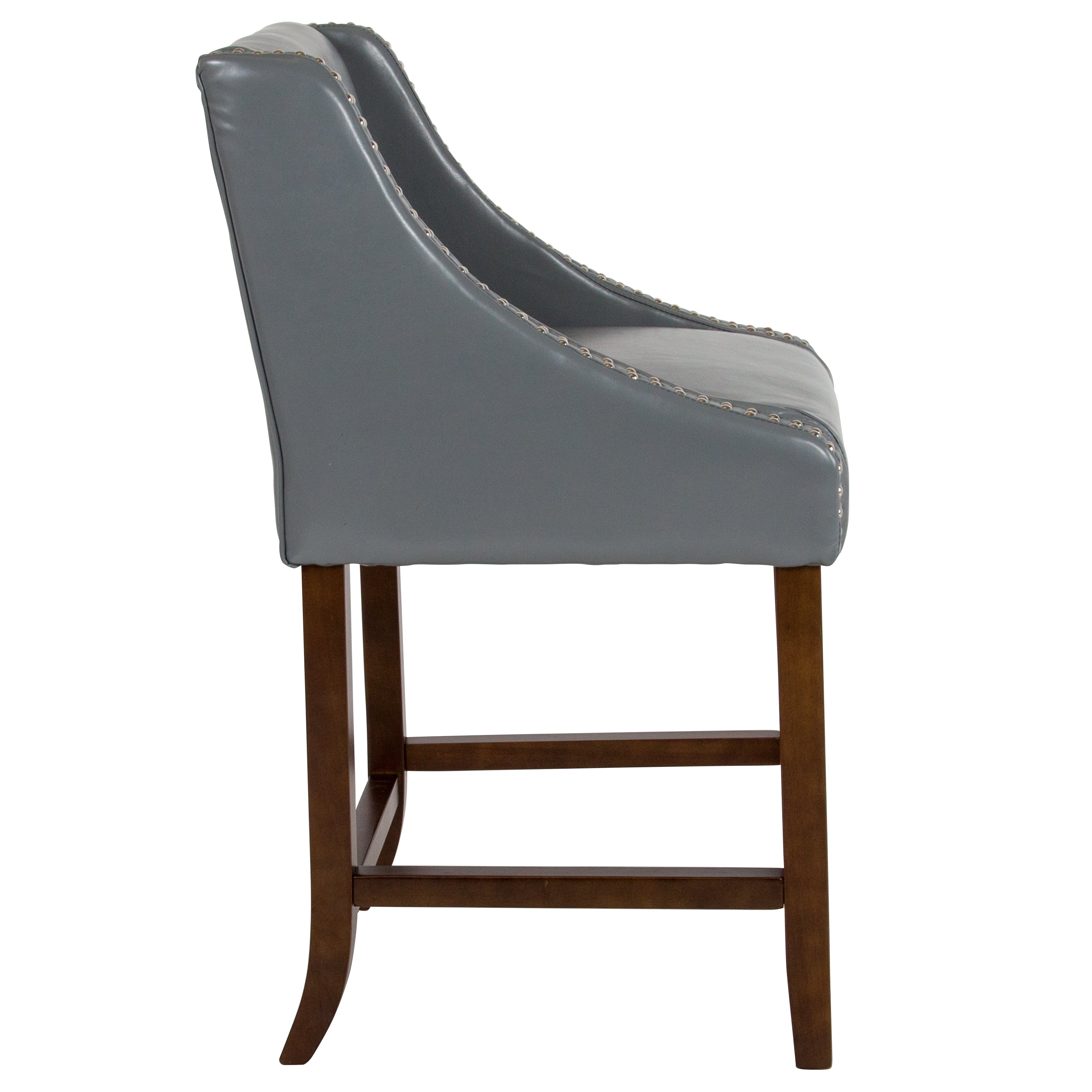 Carmel Series 24" High Transitional Walnut Counter Height Stool with Nail Trim in Light Gray LeatherSoft