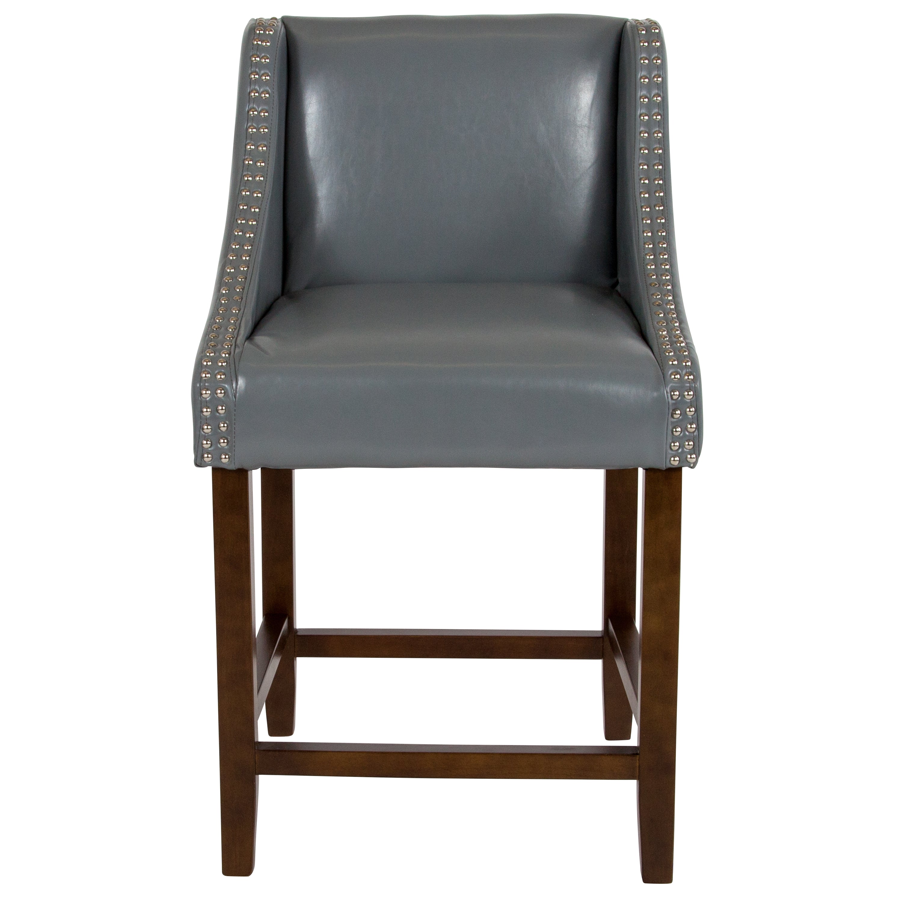 Carmel Series 24" High Transitional Walnut Counter Height Stool with Nail Trim in Light Gray LeatherSoft