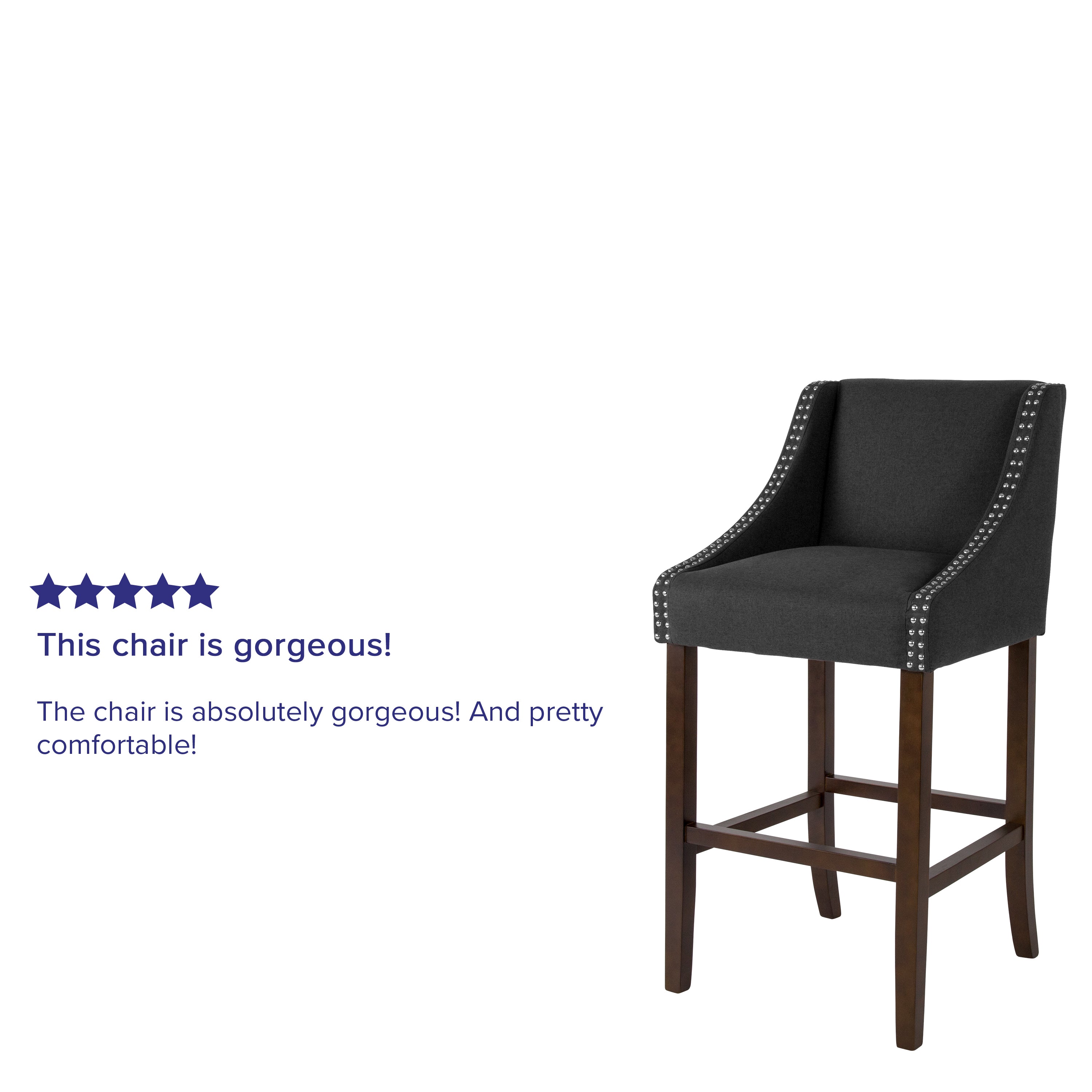 Carmel Series 30" High Transitional Walnut Barstool with Accent Nail Trim in Charcoal Fabric