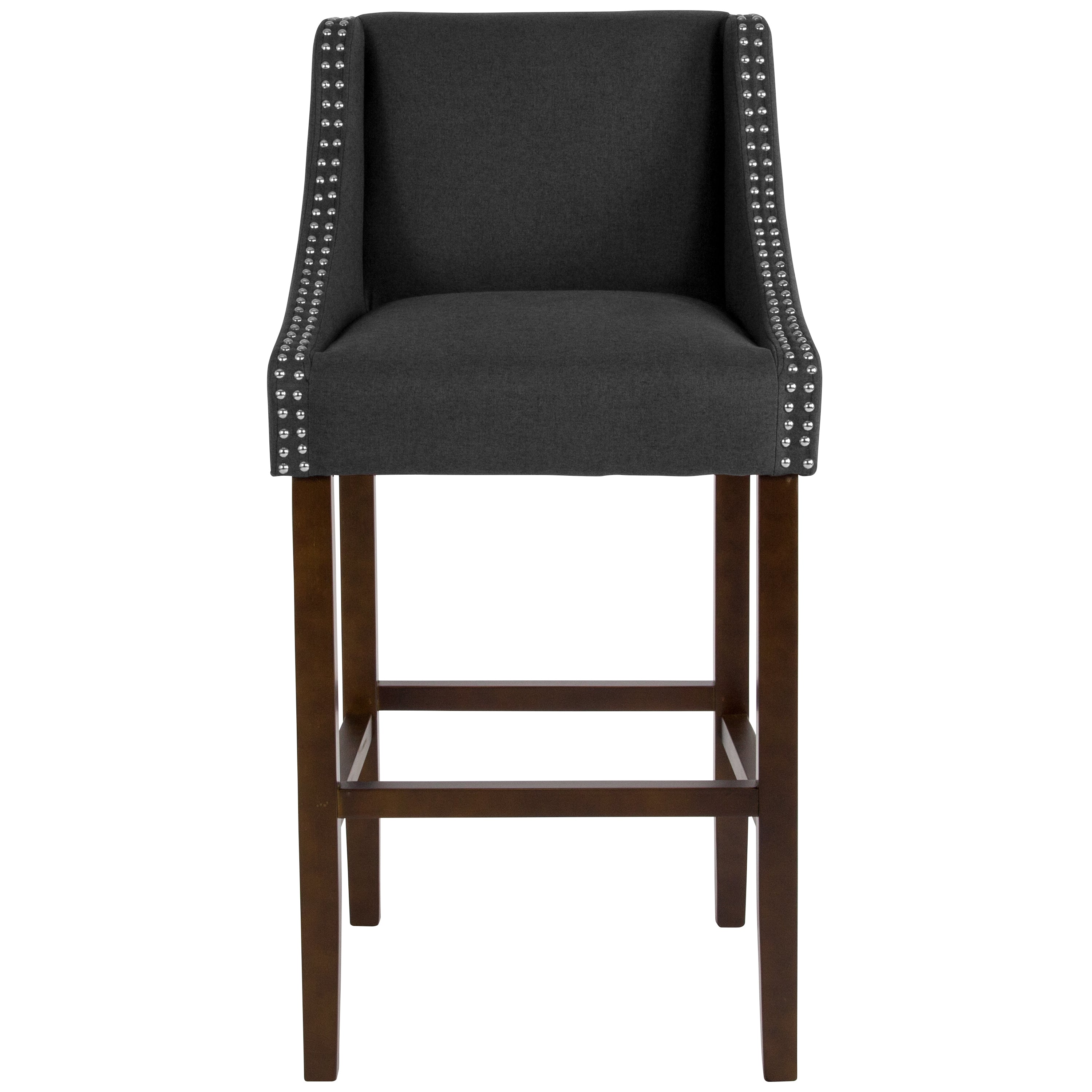 Carmel Series 30" High Transitional Walnut Barstool with Accent Nail Trim in Charcoal Fabric