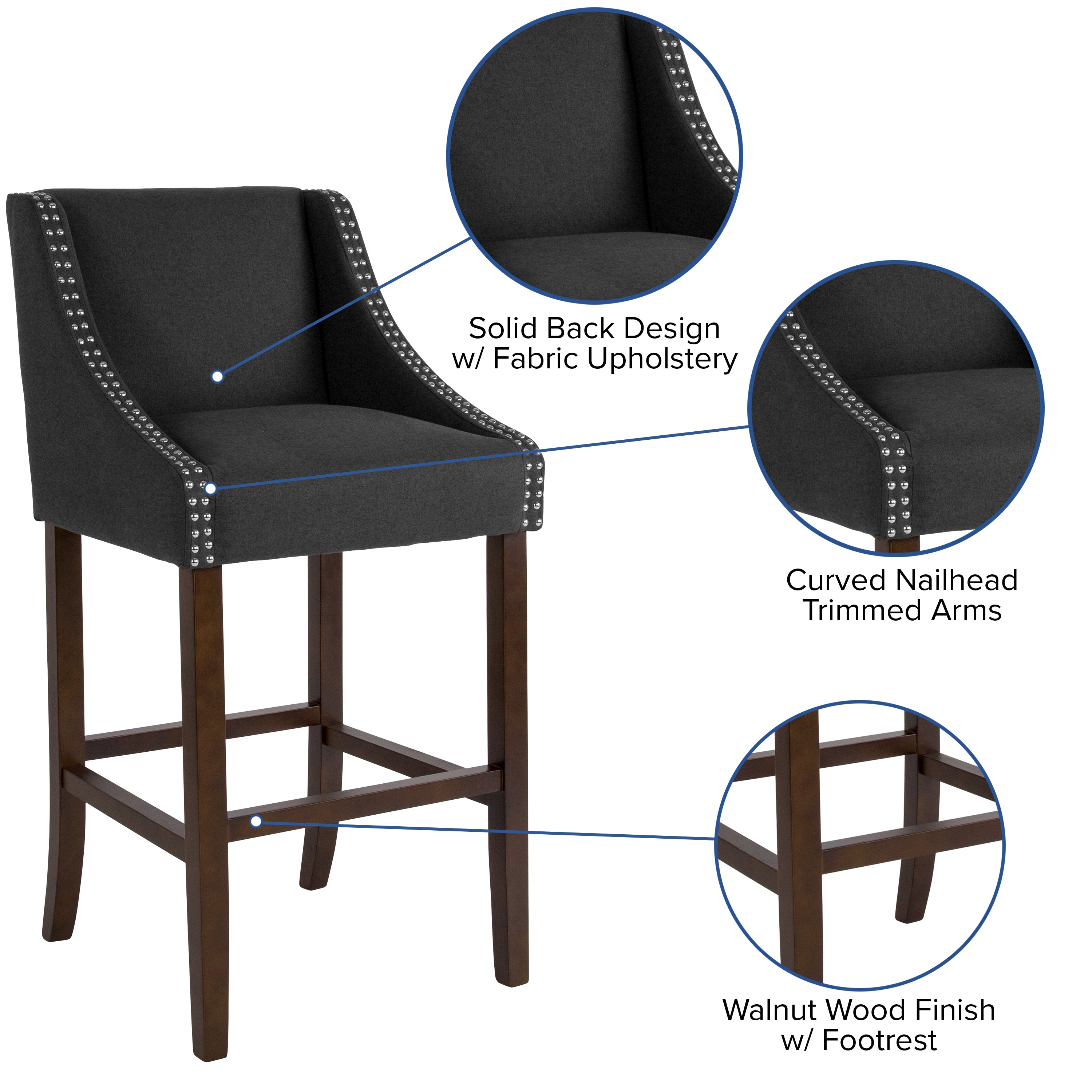 Carmel Series 30" High Transitional Walnut Barstool with Accent Nail Trim in Charcoal Fabric