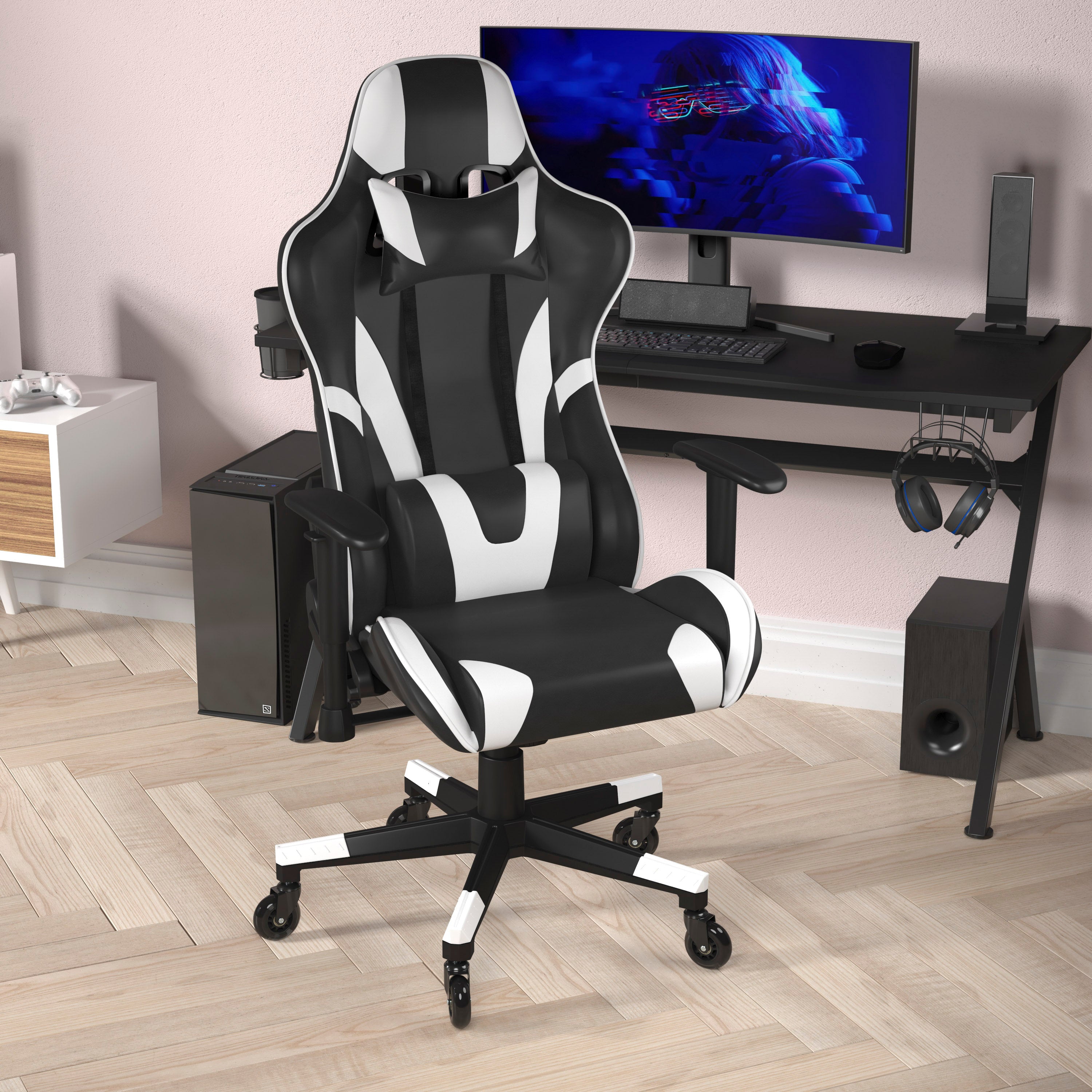 X20 Gaming Chair Racing Office Computer PC Adjustable Chair with Reclining Back and Transparent Roller Wheels in Black LeatherSoft